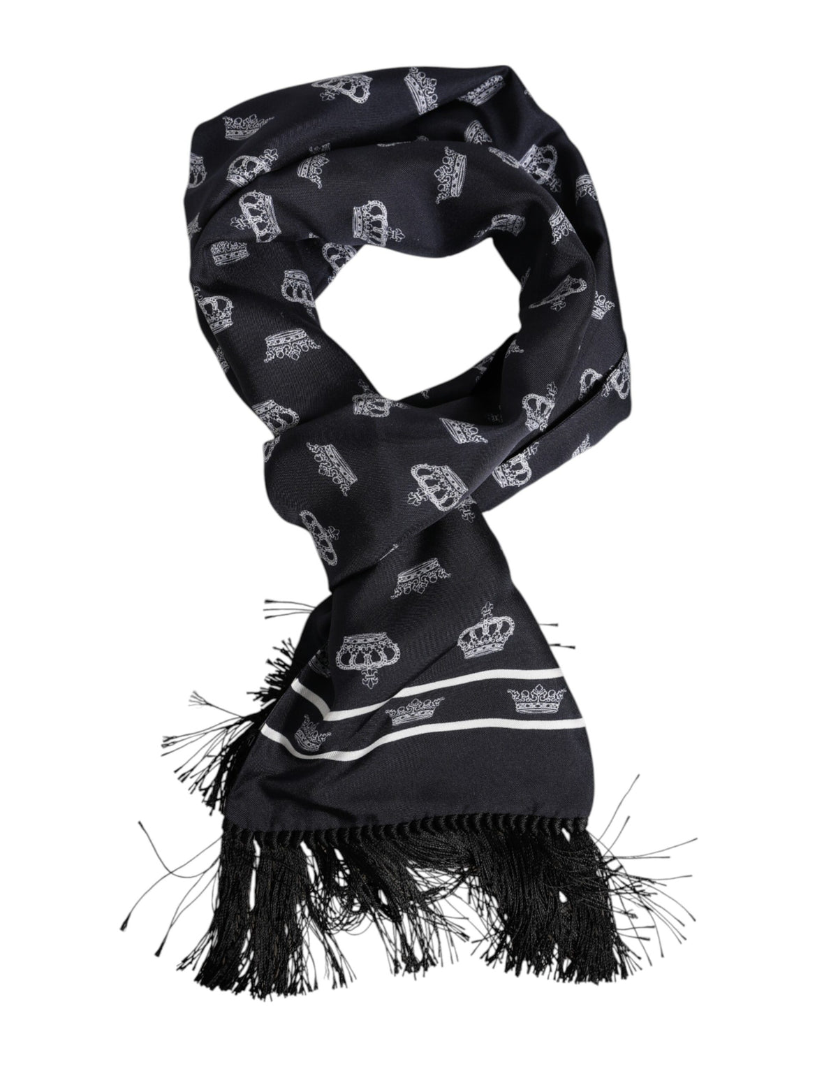 Elevate your elegance with the Dolce & Gabbana Black Silk Crown Fringes Foulard Scarf, a timeless accessory crafted from luxurious silk, perfect for the discerning individual.