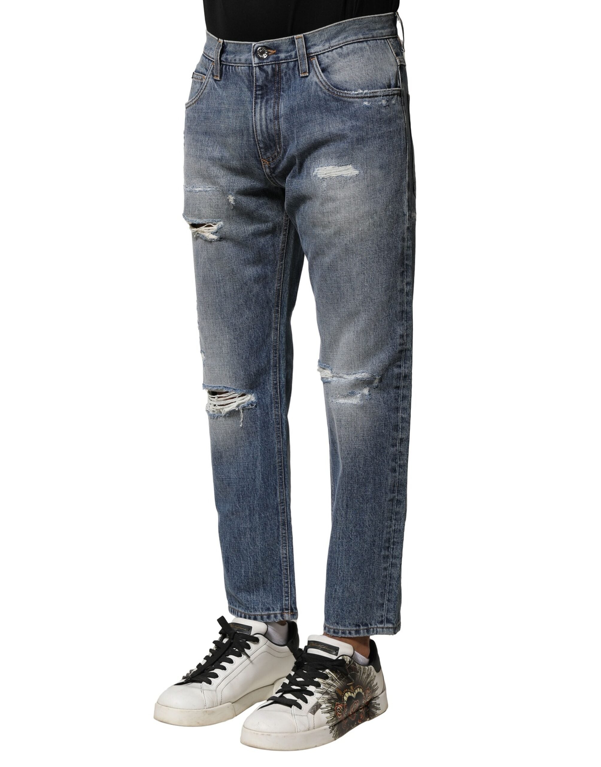 Dolce & Gabbana Blue Washed Tattered Straight Fit Denim Jeans