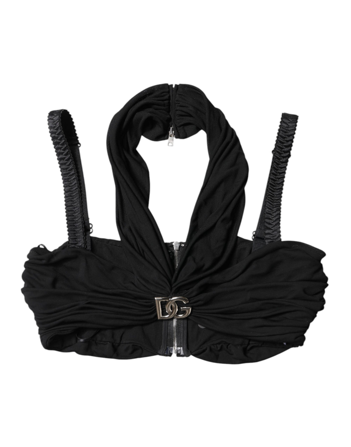 Indulge in the exquisite Dolce & Gabbana Black Cropped Viscose Halter Bustier Top, where luxurious materials meet sophisticated design, perfect for the discerning connoisseur.