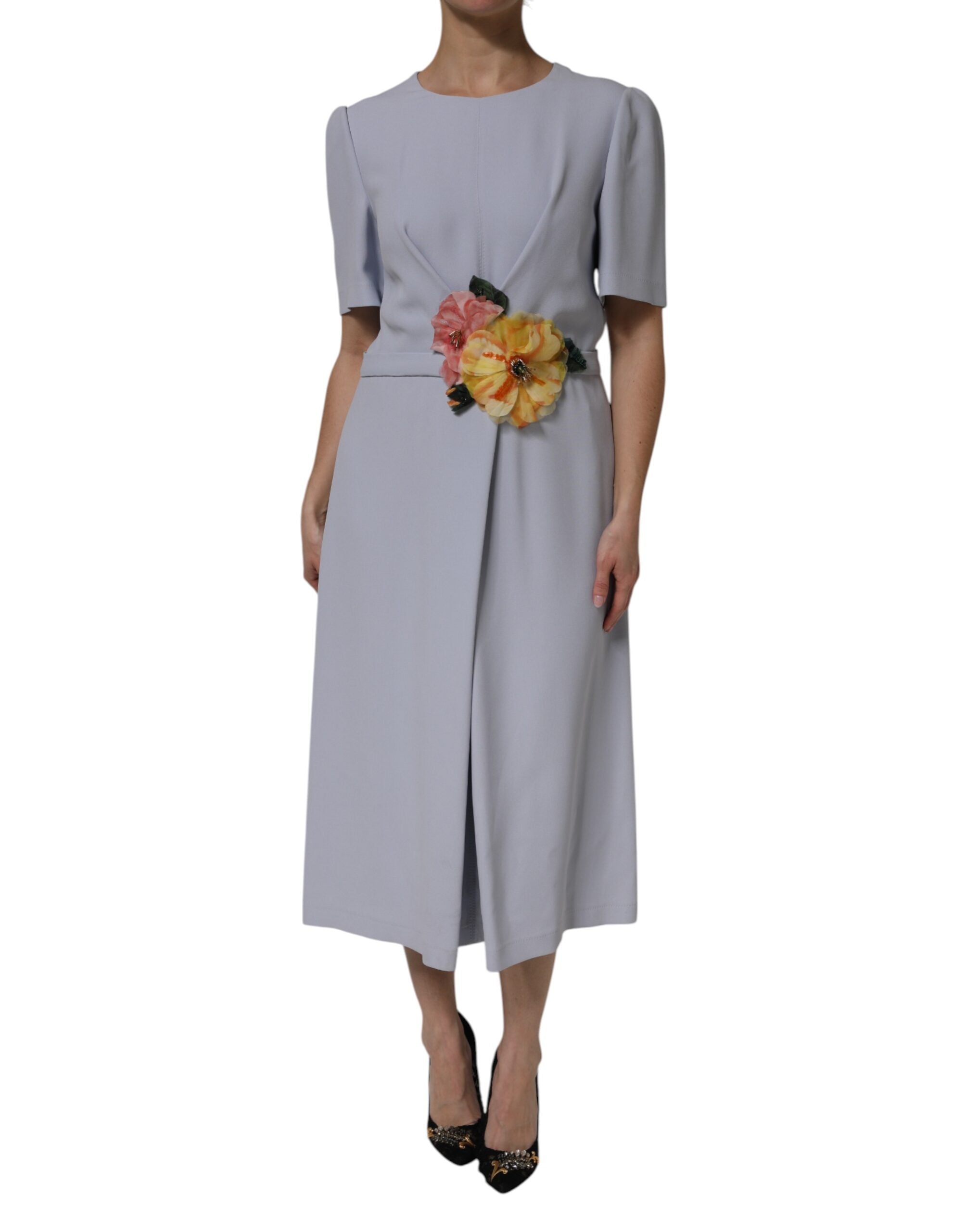 Elevate your wardrobe with the Dolce & Gabbana Gray Viscose Short Sleeve Sheath Midi Dress, a timeless blend of luxury and elegance, crafted in Italy for the discerning individual.