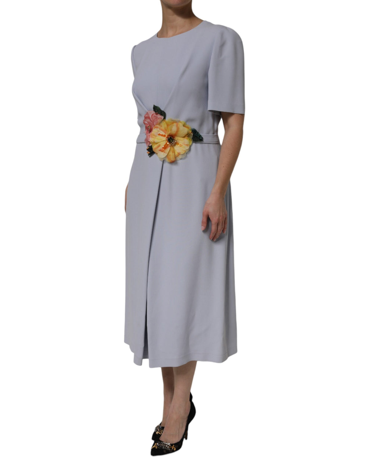 Elevate your elegance with the Dolce & Gabbana Gray Viscose Short Sleeve Sheath Midi Dress, a timeless masterpiece crafted in Italy, embodying luxury and sophistication.