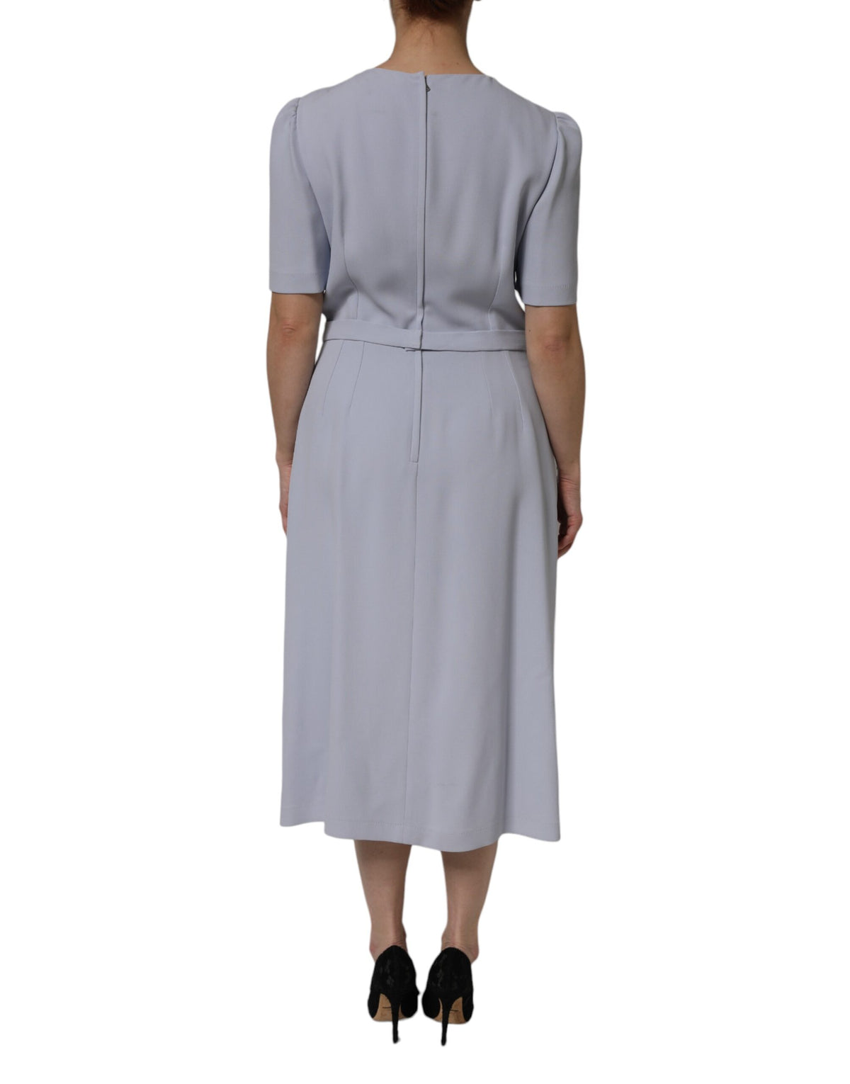 Elevate your elegance with the Dolce & Gabbana Gray Viscose Short Sleeve Sheath Midi Dress, a masterpiece of Italian craftsmanship that embodies timeless sophistication.