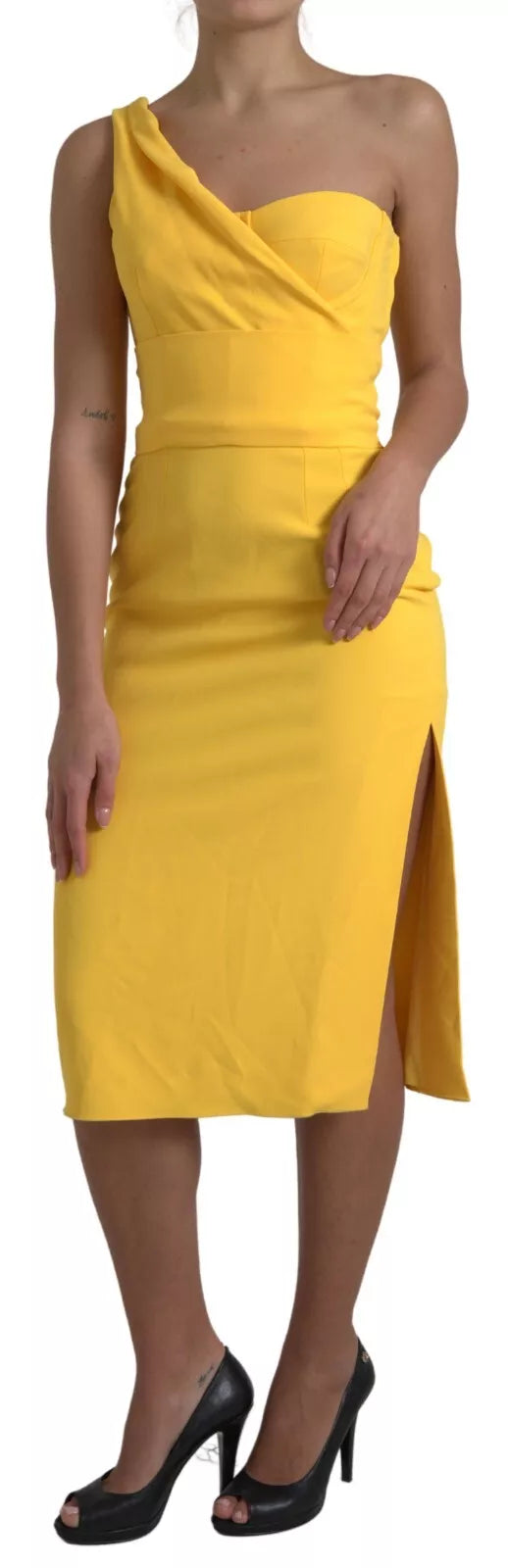 Dolce & Gabbana Yellow One Shoulder Slit Sheath Midi Dress