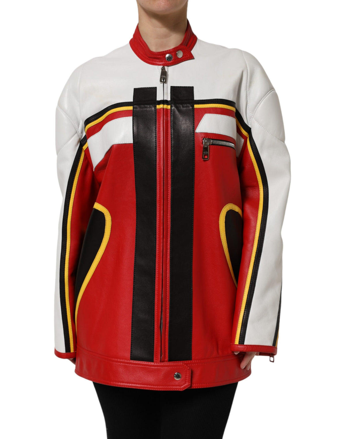 Indulge in the exquisite allure of the Dolce & Gabbana Multicolor Leather Biker Full Zip Coat Jacket, a masterpiece of Italian craftsmanship that redefines luxury.