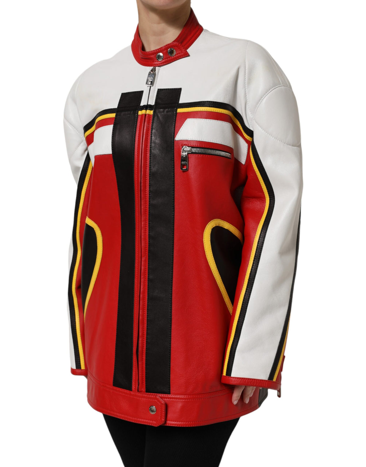 Elevate your wardrobe with the Dolce & Gabbana Multicolor Leather Biker Full Zip Coat Jacket, a masterpiece of Italian craftsmanship in sumptuous lambskin, designed for the discerning individual who embodies elegance and confidence.