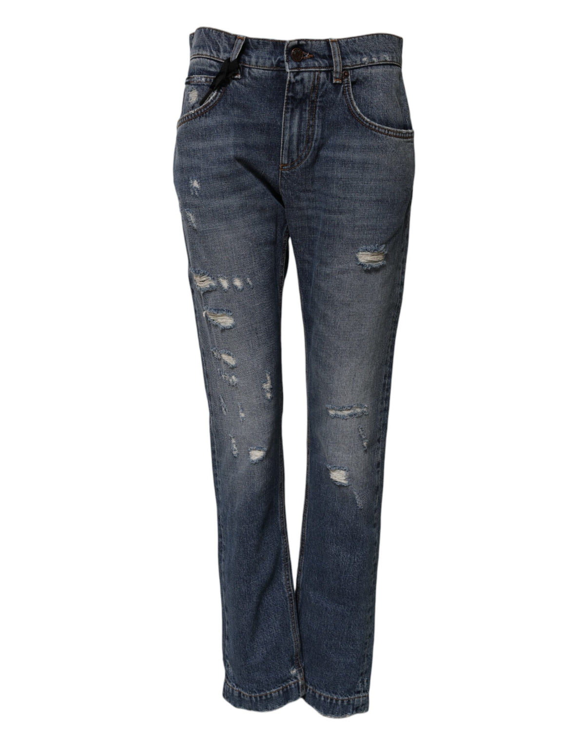 Discover the Dolce & Gabbana Blue Cotton Tattered Boyfriend Denim Jeans, where exquisite craftsmanship meets bold elegance, embodying luxury for the discerning individual.