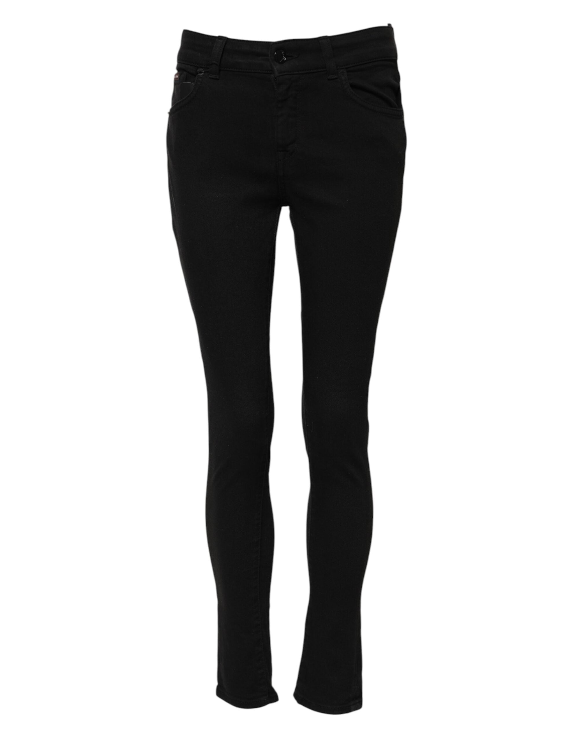 Indulge in the luxurious allure of Dolce & Gabbana Black Cotton Skinny Mid Waisted Denim Jeans, crafted in Italy for a timeless fit that enhances your silhouette with elegance.