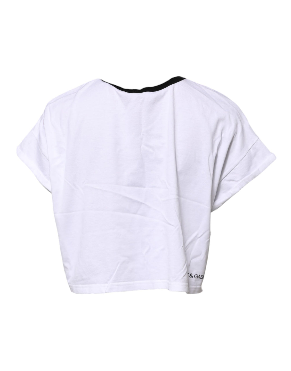 Elevate your wardrobe with the Dolce & Gabbana White Graphic Print Cropped T-shirt, a masterpiece of Italian craftsmanship in premium cotton, perfect for any sophisticated occasion.