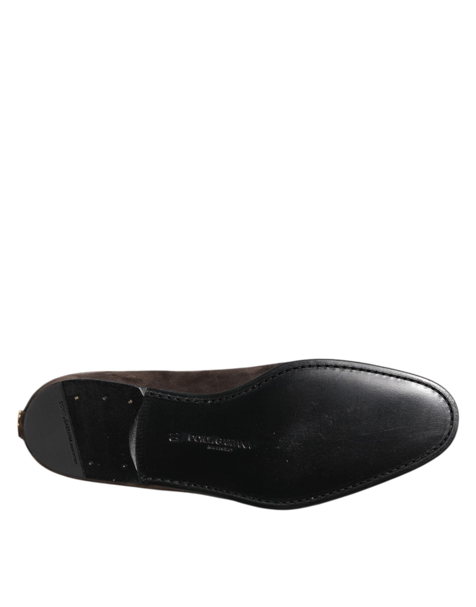 Indulge in the exquisite Dolce & Gabbana Brown Velvet Leather Slip On Loafers, a timeless symbol of luxury and sophistication, crafted for the discerning individual.