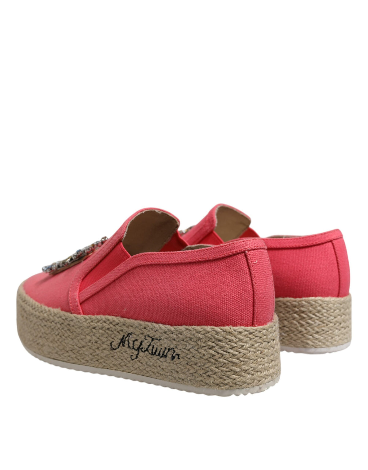 Elevate your style with Twinset's Pink Canvas Crystal Embellished Slip On Shoes, a masterpiece of Italian craftsmanship that embodies luxury and sophistication.