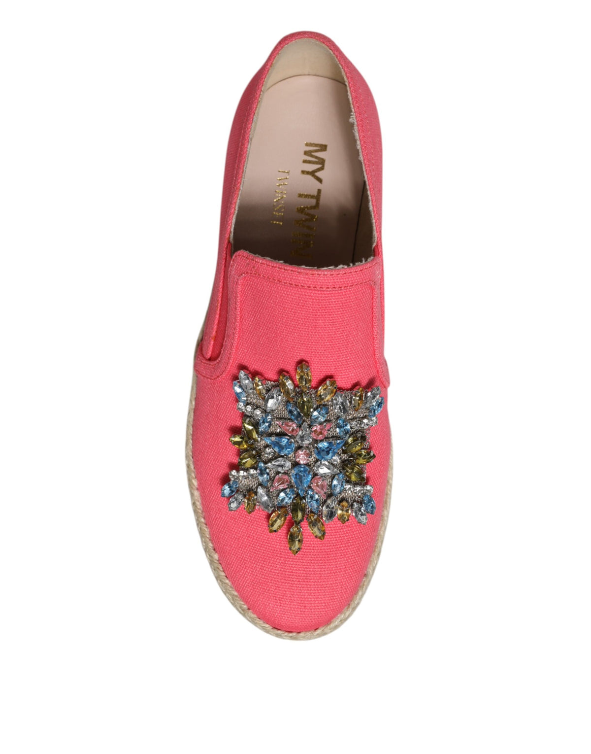 Elevate your style with Twinset's Pink Canvas Crystal Embellished Slip On Shoes, a masterpiece of Italian craftsmanship that embodies luxury and sophistication for every occasion.