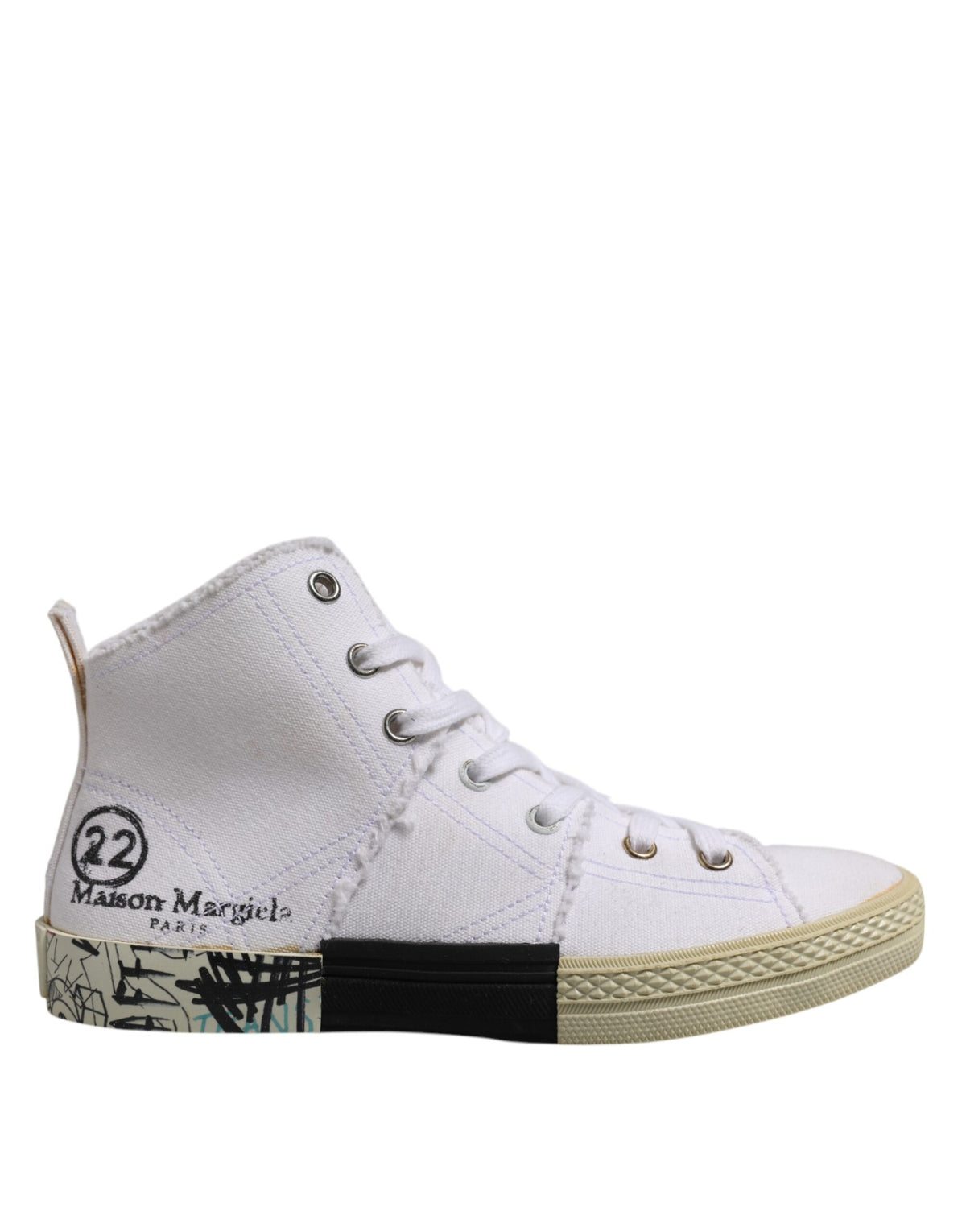 Experience the exquisite Maison Margiela White Lace Up Mid Top Sneakers, where premium canvas meets artisanal craftsmanship, redefining luxury for the discerning individual.