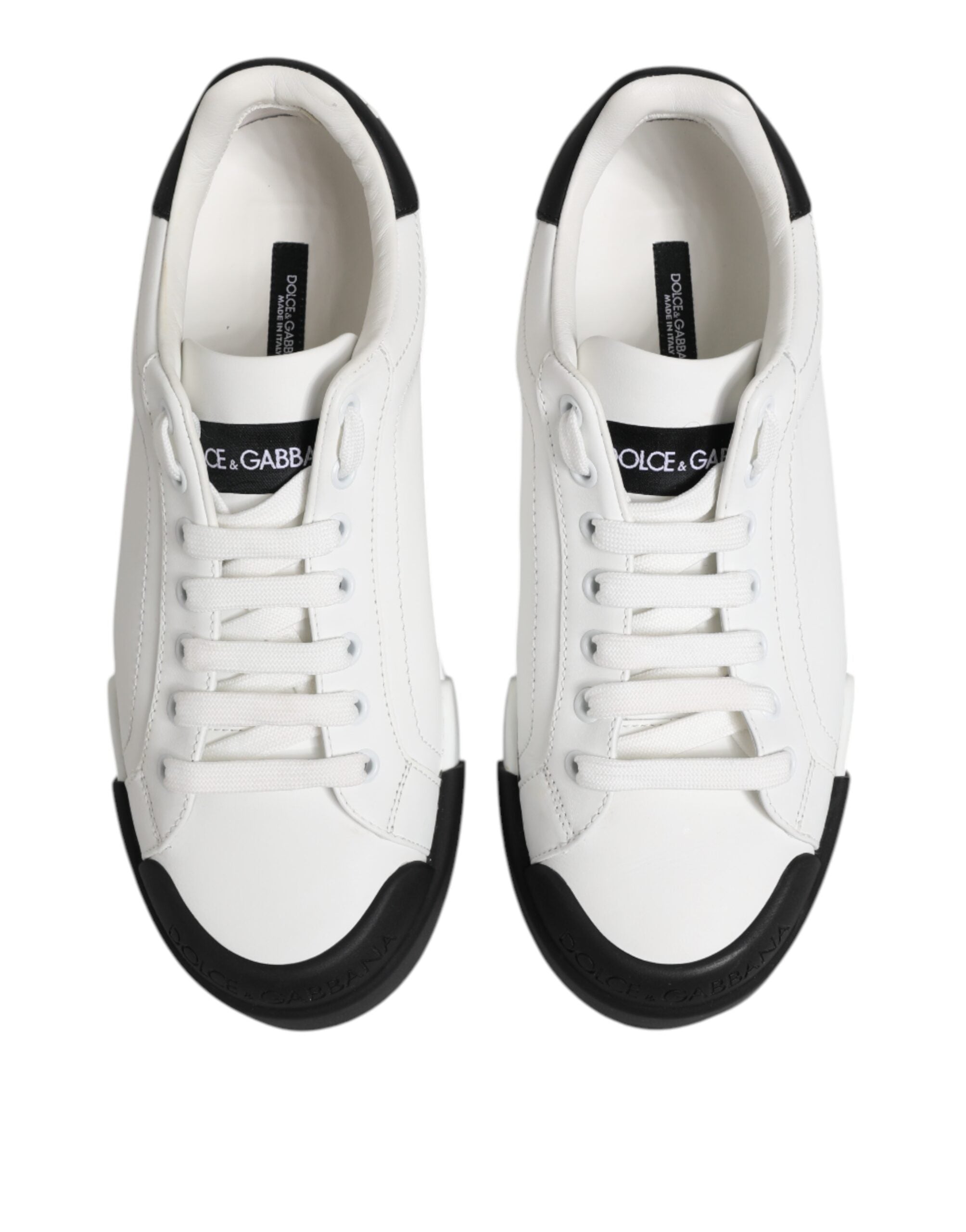Dolce & Gabbana White Black Logo Leather Lace Up Sneakers Shoes