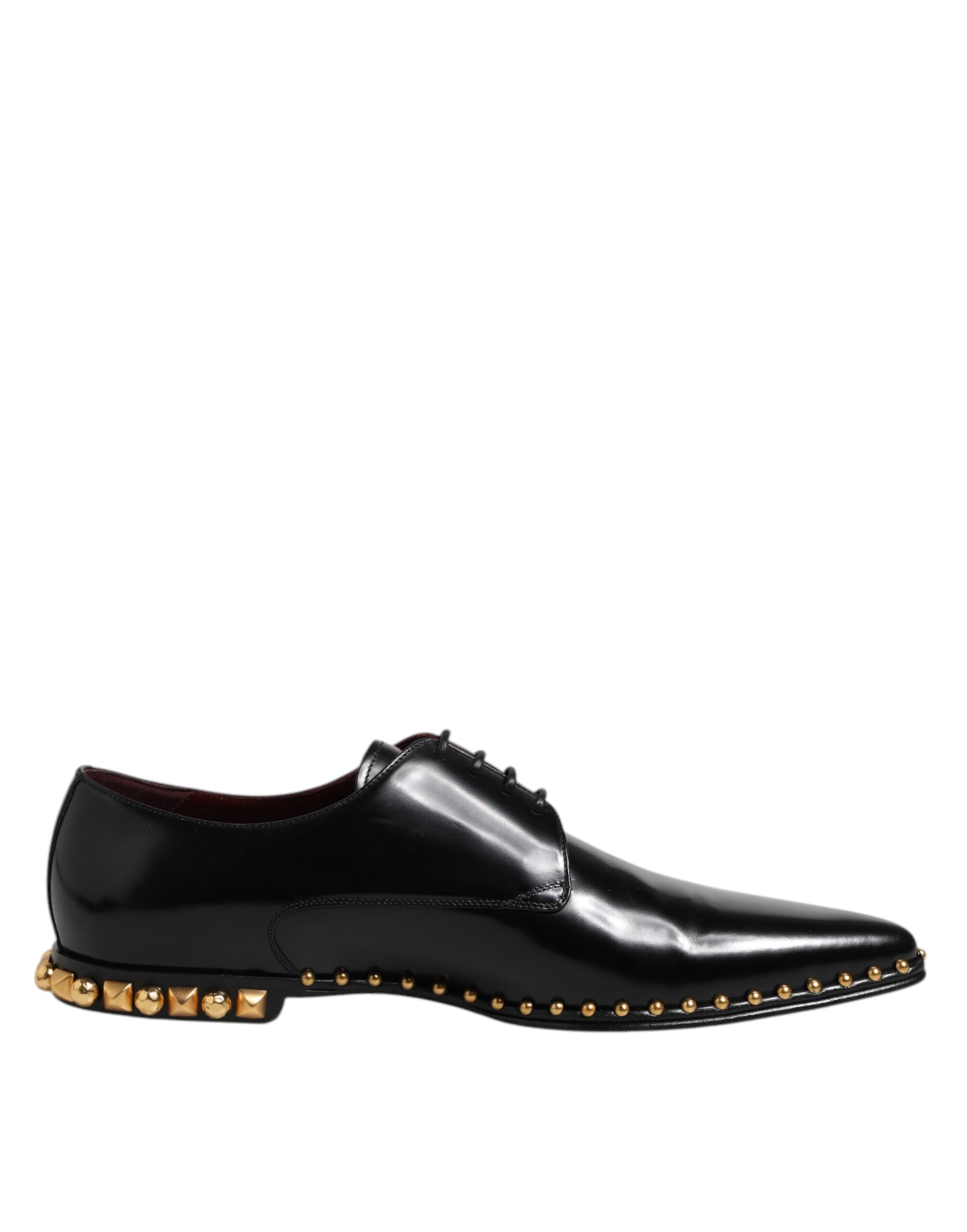 Experience the allure of Dolce & Gabbana's Black Leather Studded Derby Shoes, where exquisite calfskin craftsmanship meets timeless elegance, perfect for the discerning individual.