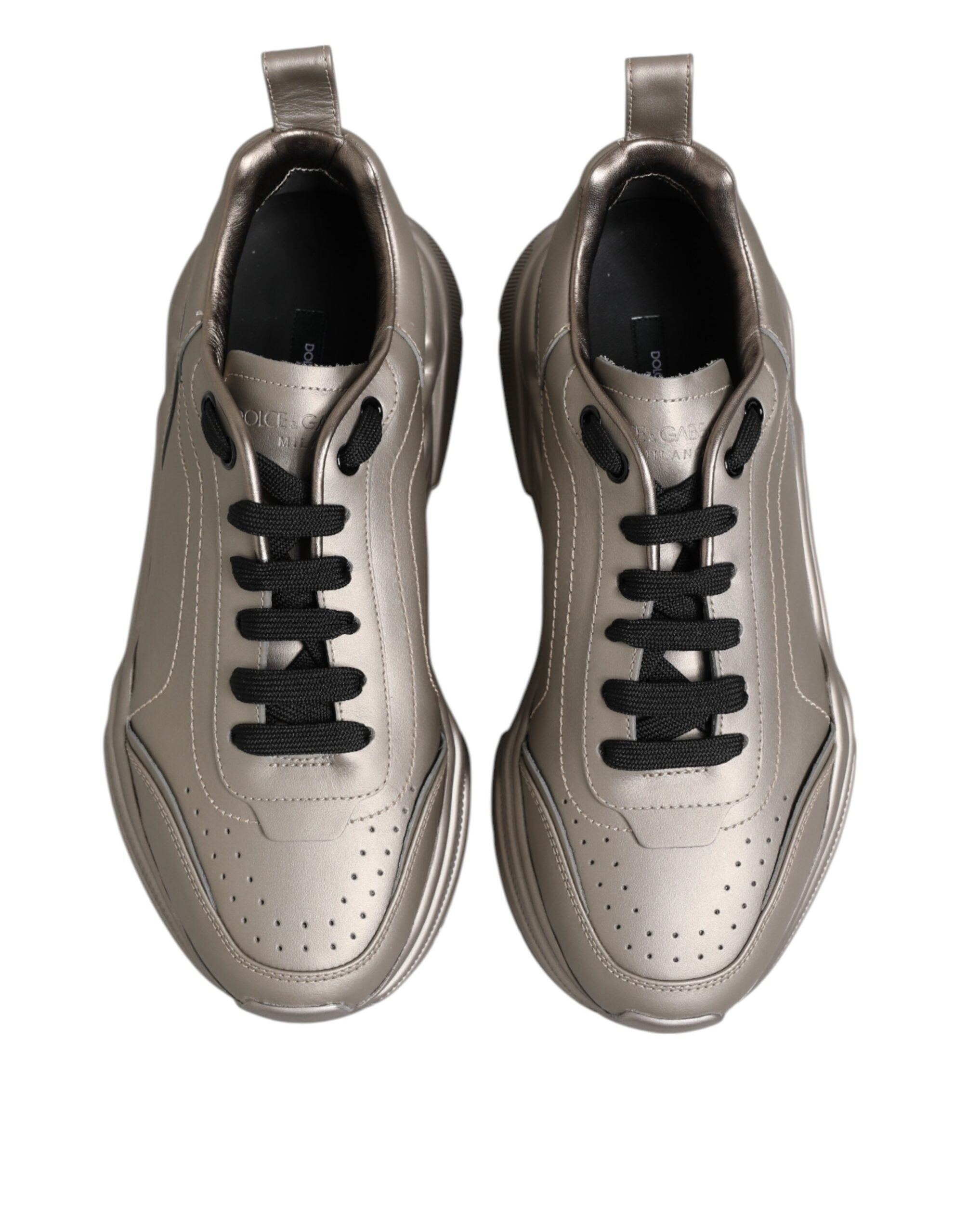 Indulge in the exquisite allure of Dolce & Gabbana Silver DAYMASTER sneakers, crafted from premium calf leather for a lifestyle of refined elegance and effortless sophistication.
