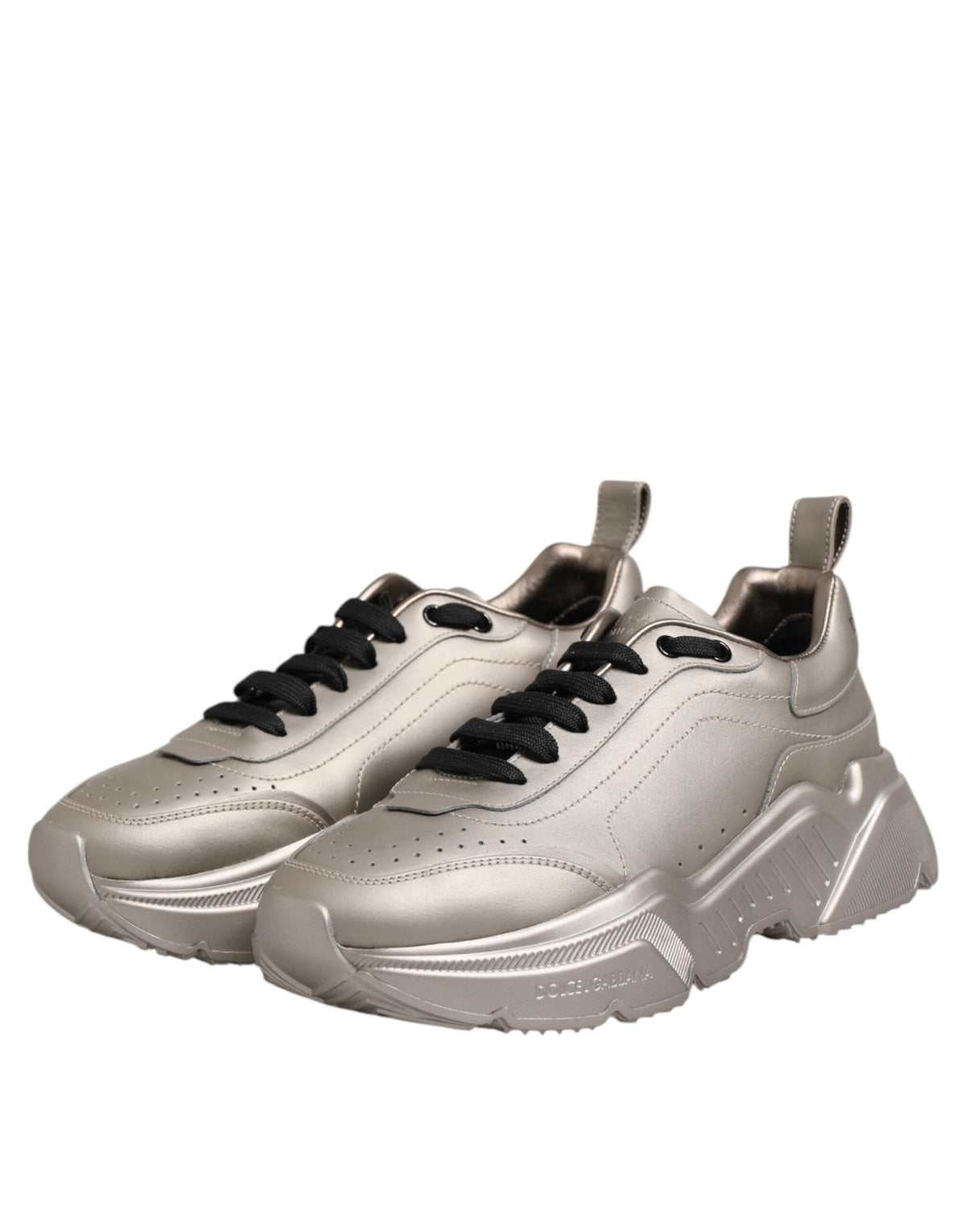 Elevate your style with Dolce & Gabbana Silver DAYMASTER sneakers, crafted from premium calf leather, embodying luxury and sophistication for the discerning connoisseur.