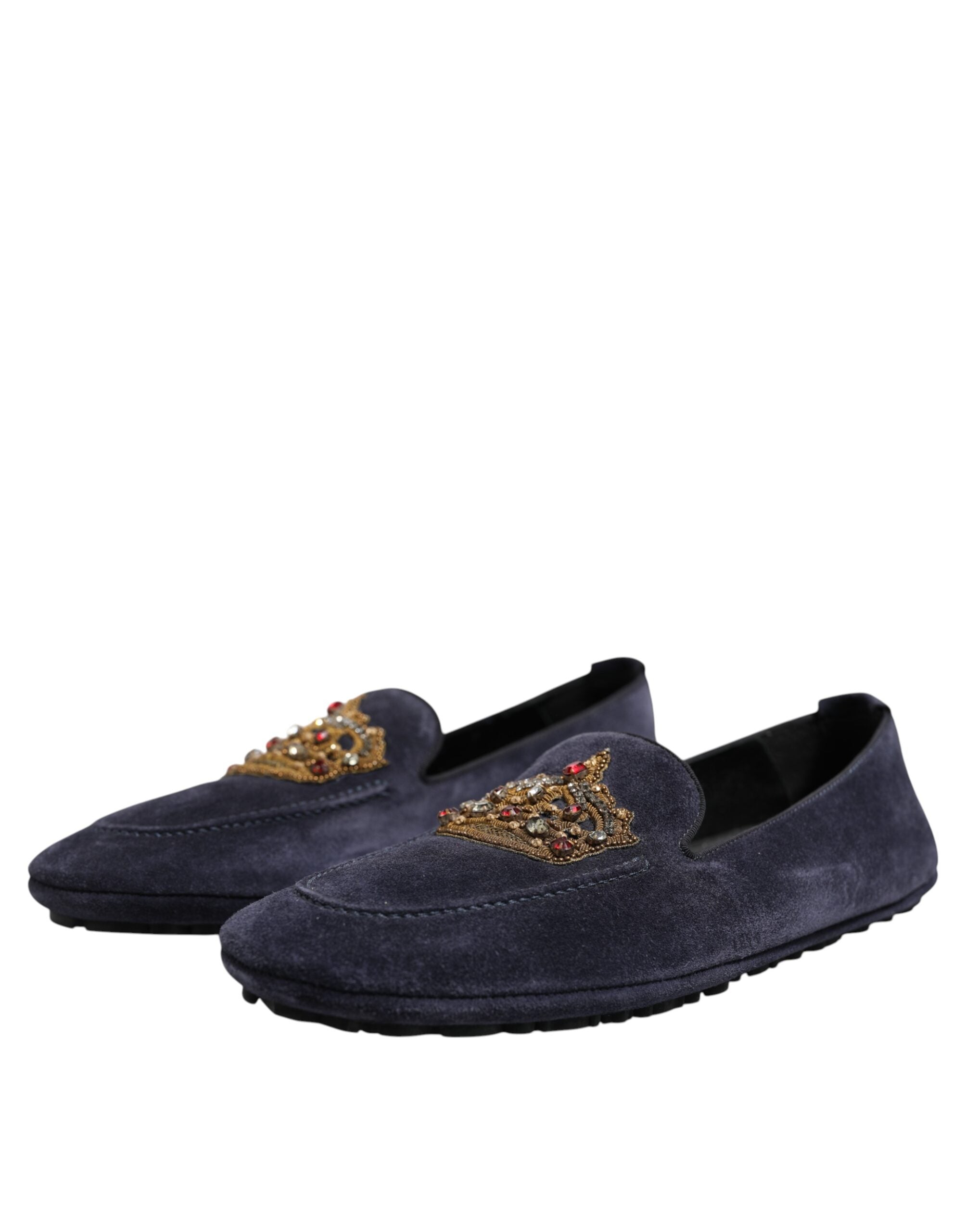 Step into a realm of elegance with Dolce & Gabbana Blue Suede Crown Crystal Loafers, where exquisite Italian craftsmanship meets luxurious materials for a statement of refined individuality.
