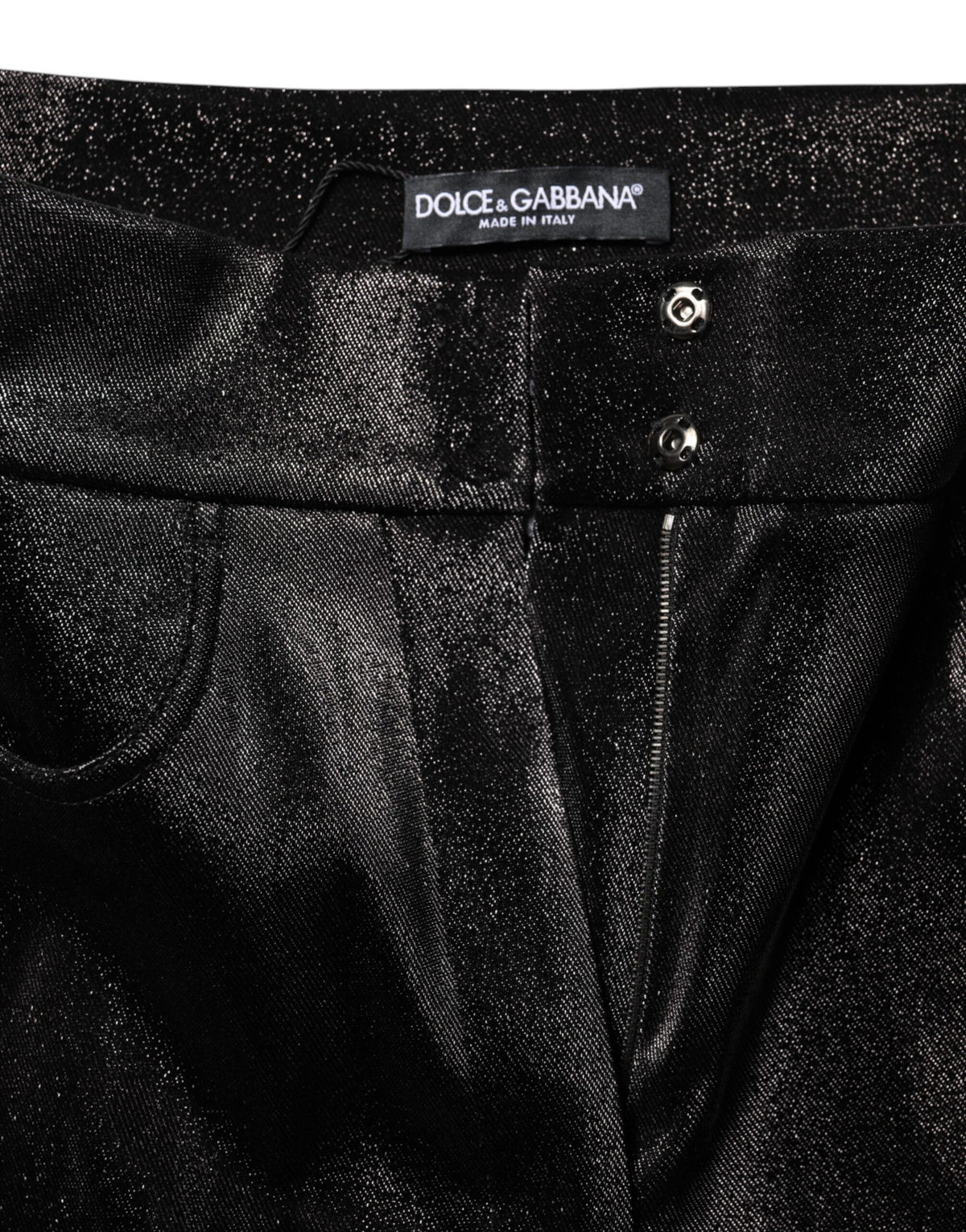 Indulge in the allure of Dolce & Gabbana's Black Cotton Stretch Silver Lurex Thread Pants, where exquisite craftsmanship meets luxurious comfort, perfect for any sophisticated occasion.