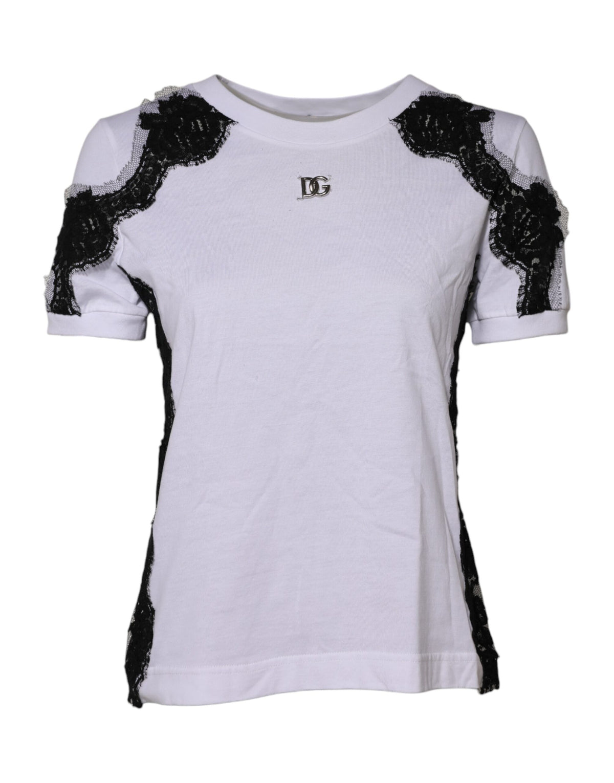 Indulge in the exquisite Dolce & Gabbana White Floral Lace DG Detailing Top T-shirt, where luxurious Italian craftsmanship meets timeless elegance for the discerning individual.