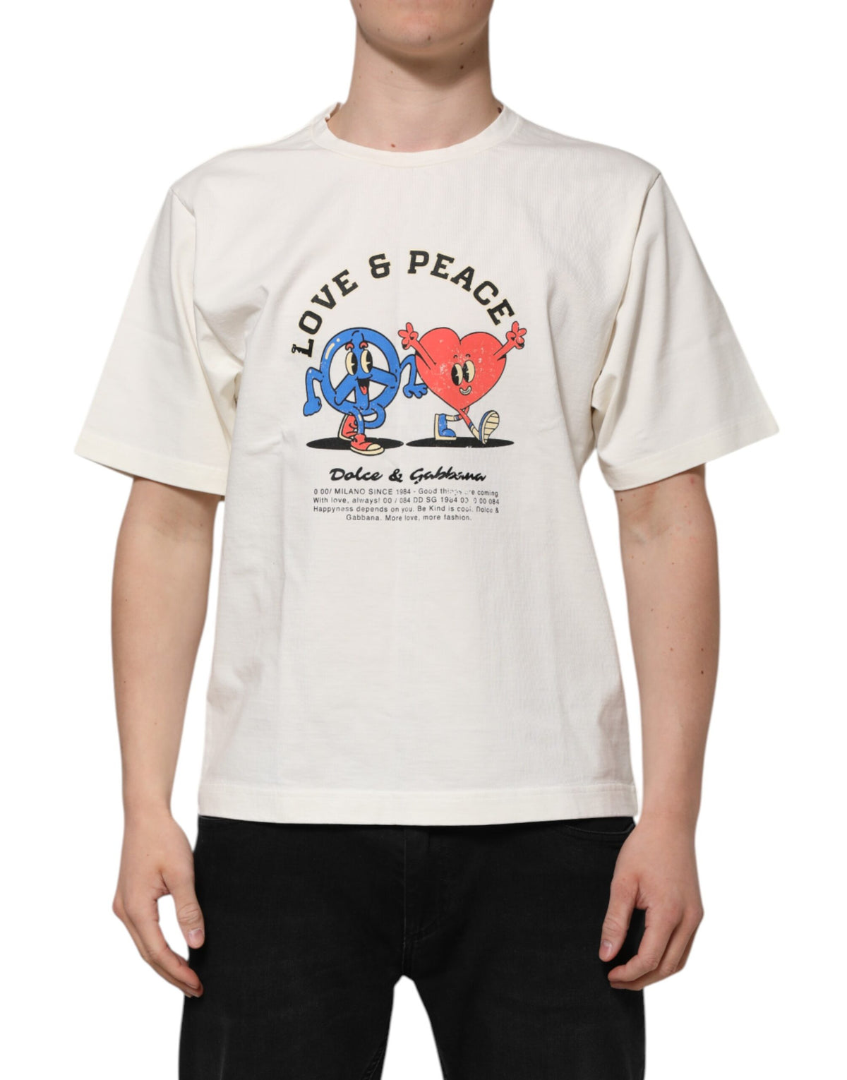 Elevate your wardrobe with the Dolce & Gabbana White Love Peace T-shirt, a luxurious blend of 100% cotton and Italian craftsmanship, embodying timeless elegance and sophistication.