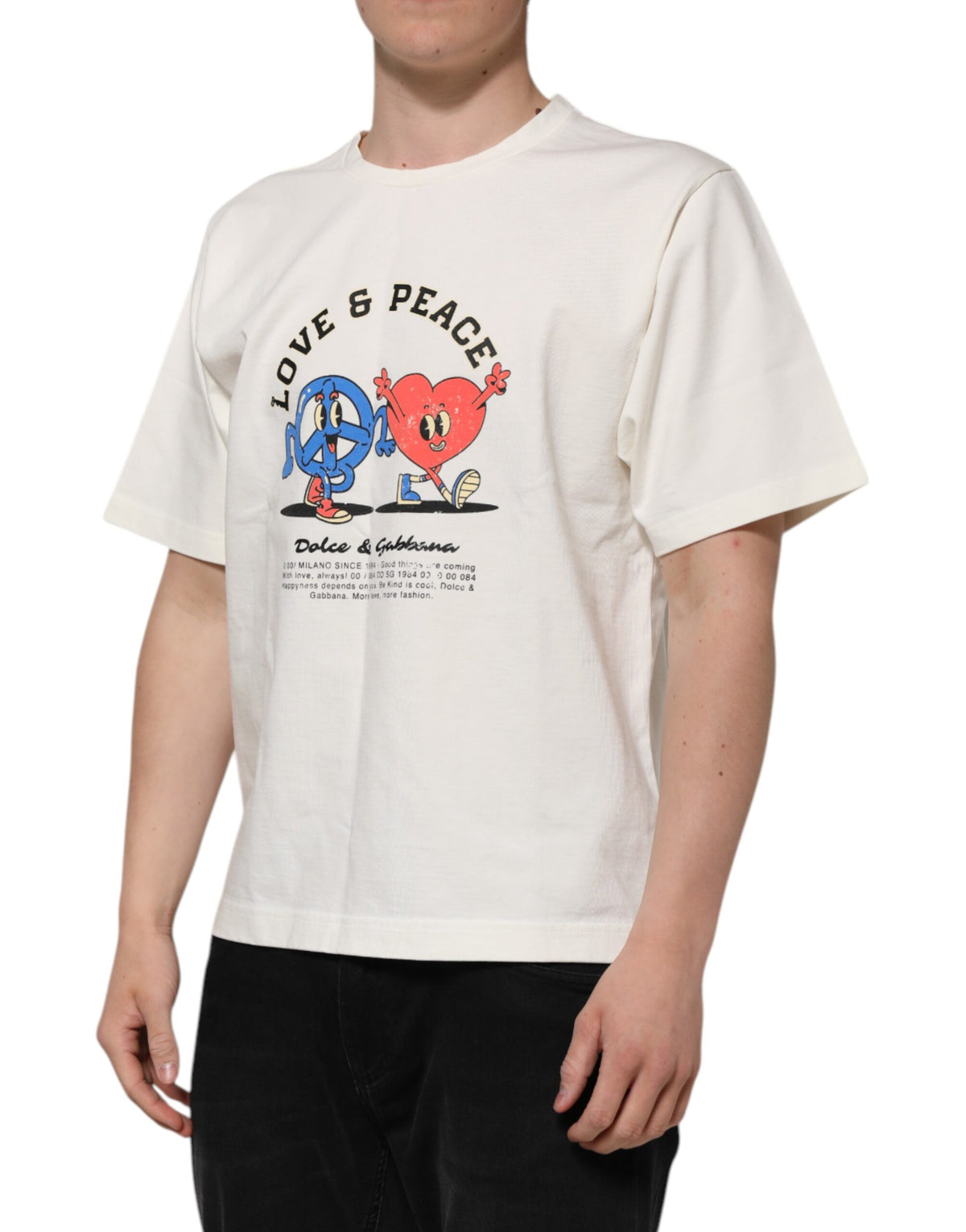 Elevate your style with the Dolce & Gabbana White Love Peace T-shirt, crafted from 100% cotton for timeless elegance and versatile sophistication, perfect for any occasion.