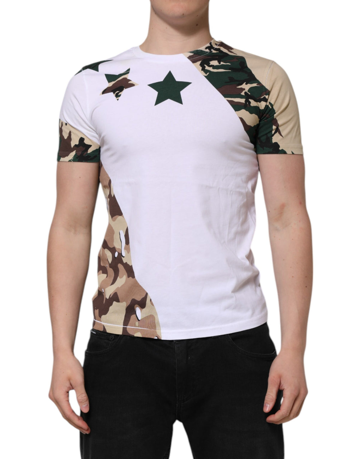 Indulge in the exquisite Dolce & Gabbana White Camouflage Cotton Men Crew Neck T-shirt, a luxurious blend of comfort and style, crafted for the discerning individual.