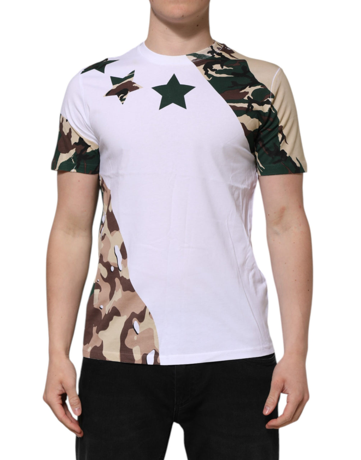 Elevate your wardrobe with the Dolce & Gabbana White Camouflage Cotton Men Crew Neck T-shirt, a masterpiece of Italian craftsmanship that embodies timeless elegance and sophisticated style.