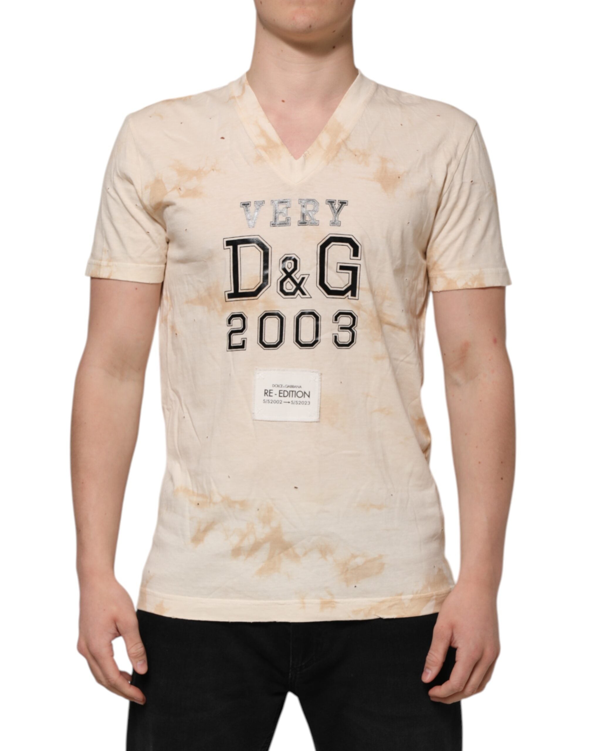 Indulge in the Dolce & Gabbana Beige Logo Print Short Sleeve V-neck T-shirt, a luxurious 100% cotton essential, meticulously crafted in Italy for timeless elegance.