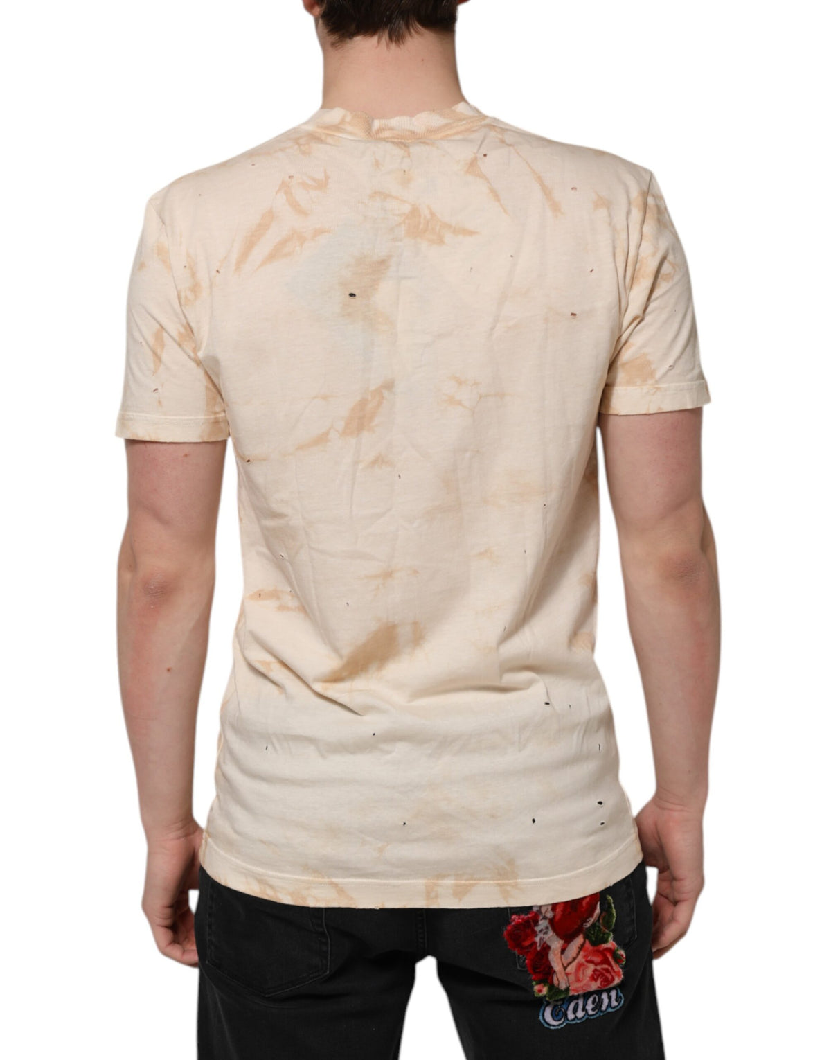 Indulge in the exquisite Dolce & Gabbana Beige Logo Print V-neck T-shirt, a luxurious 100% cotton staple that embodies timeless elegance and refined style.