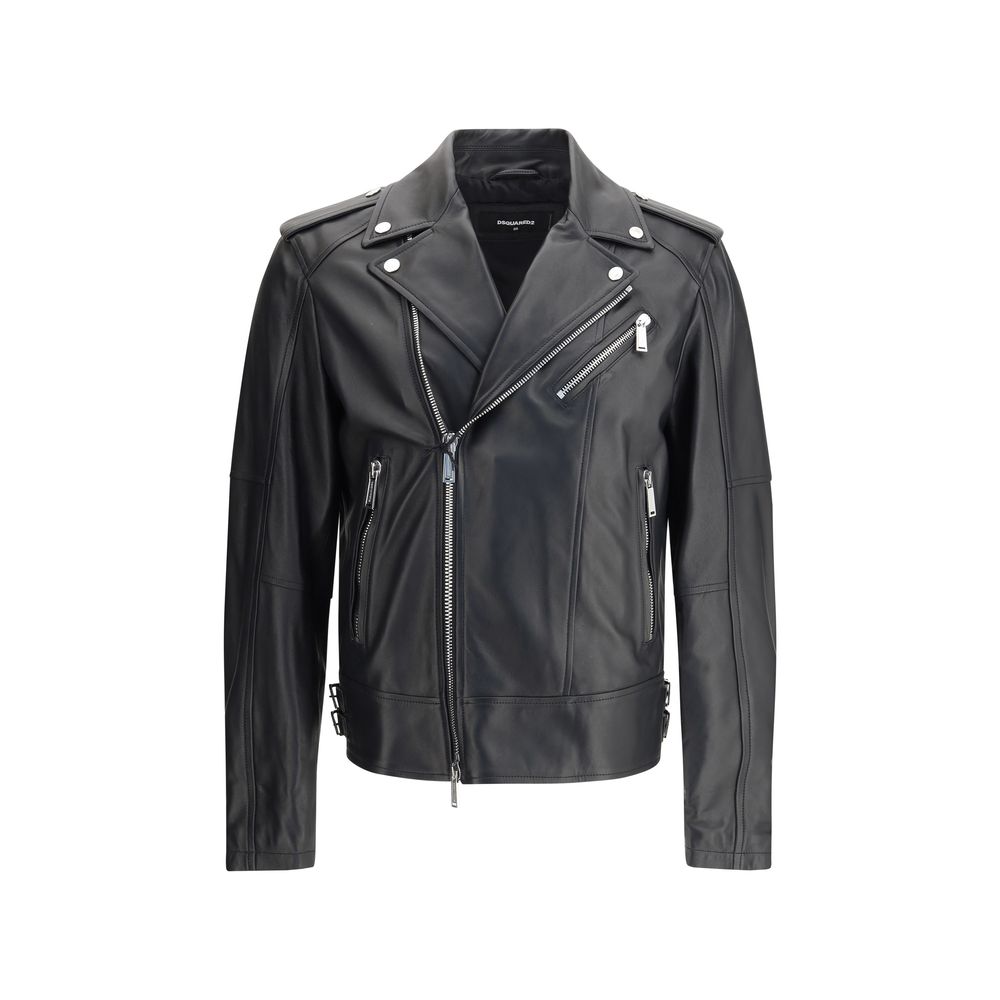 Dsquared² black calf leather Bos Taurus biker jacket front view
