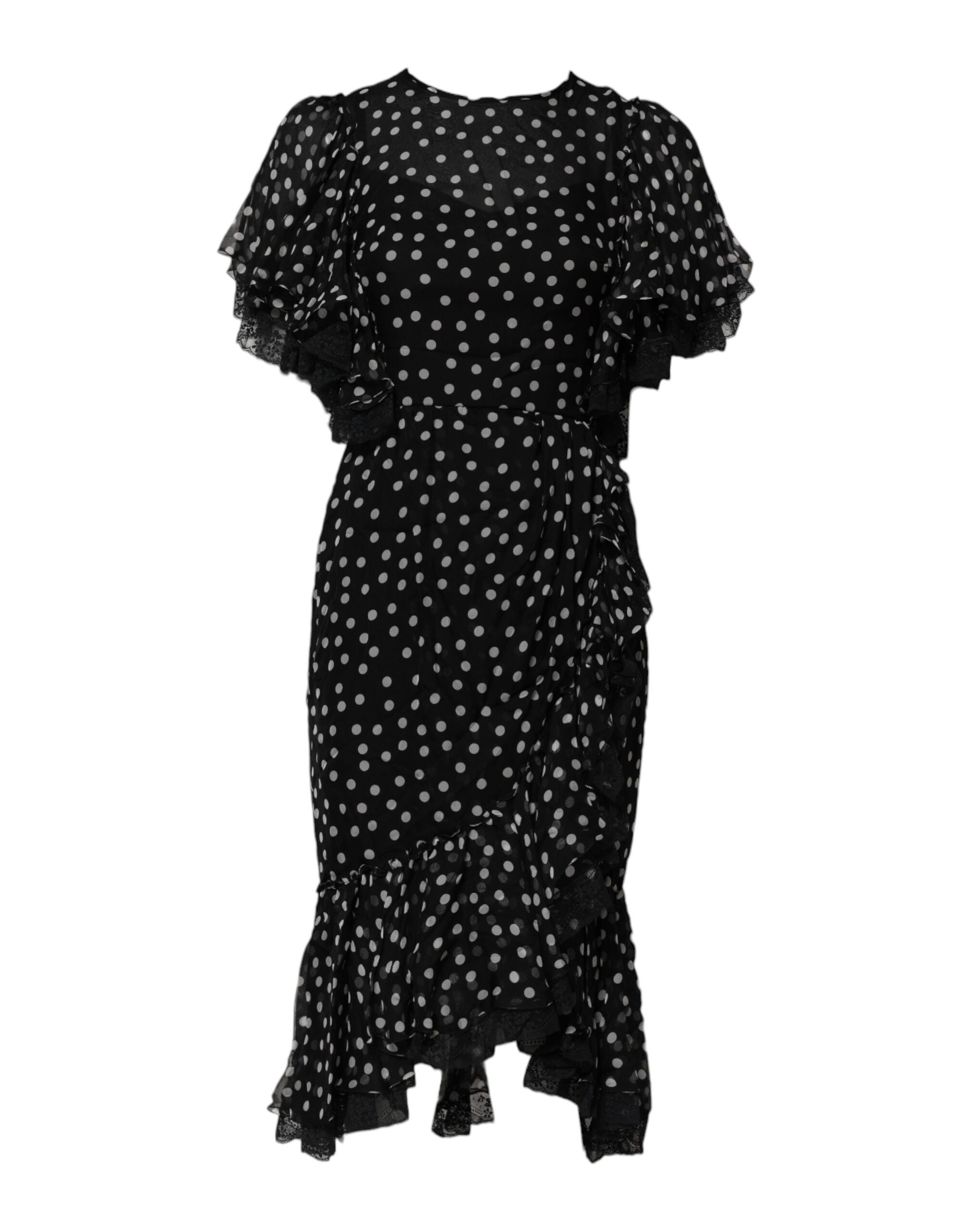Experience the allure of Dolce & Gabbana's Black White Lace Polka Dot Chiffon Dress, where exquisite silk and cotton craftsmanship meets timeless elegance for unforgettable moments.
