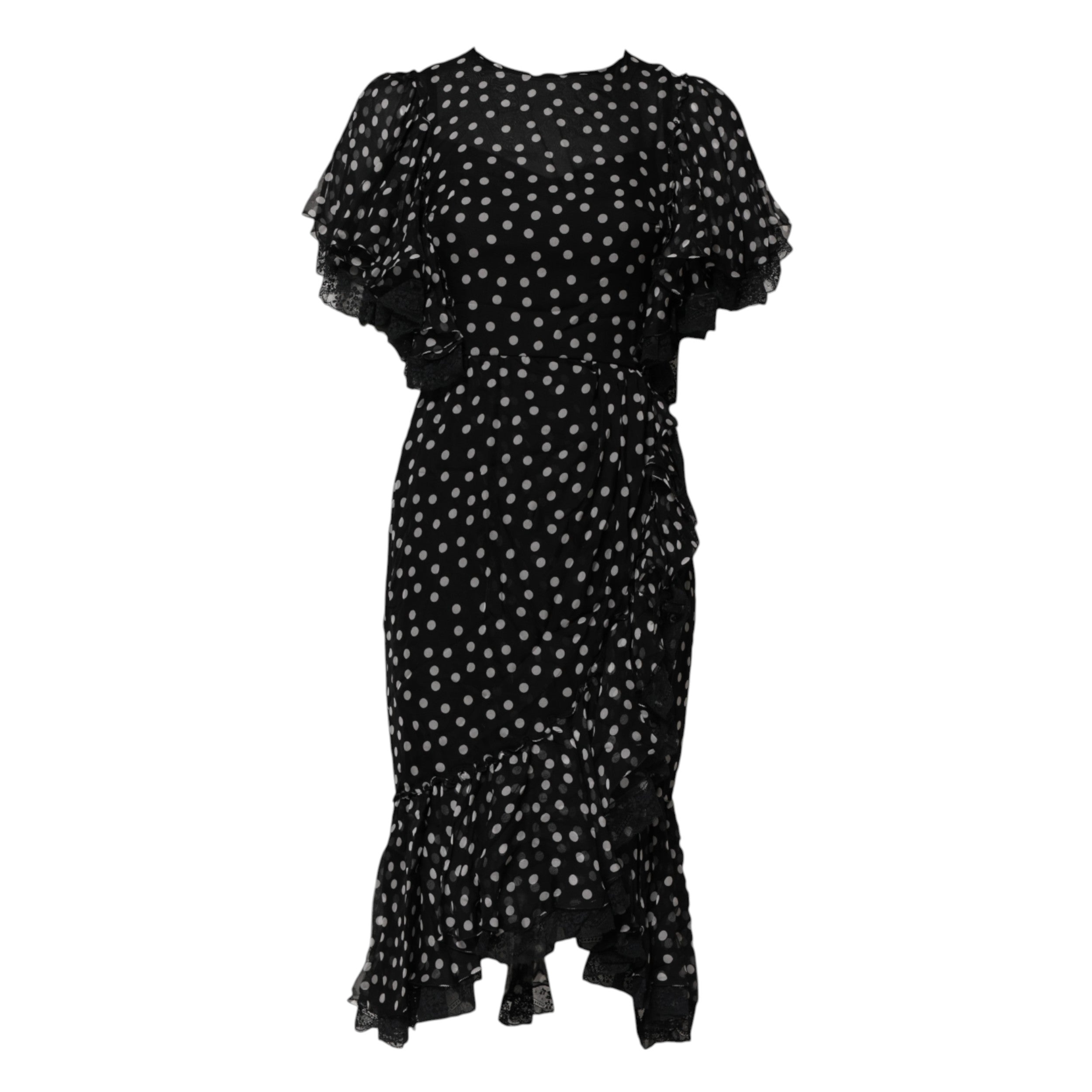 Indulge in the exquisite Dolce & Gabbana Black White Lace Polka Dot Chiffon Dress, a masterpiece of silk and cotton that embodies timeless elegance and romantic allure.