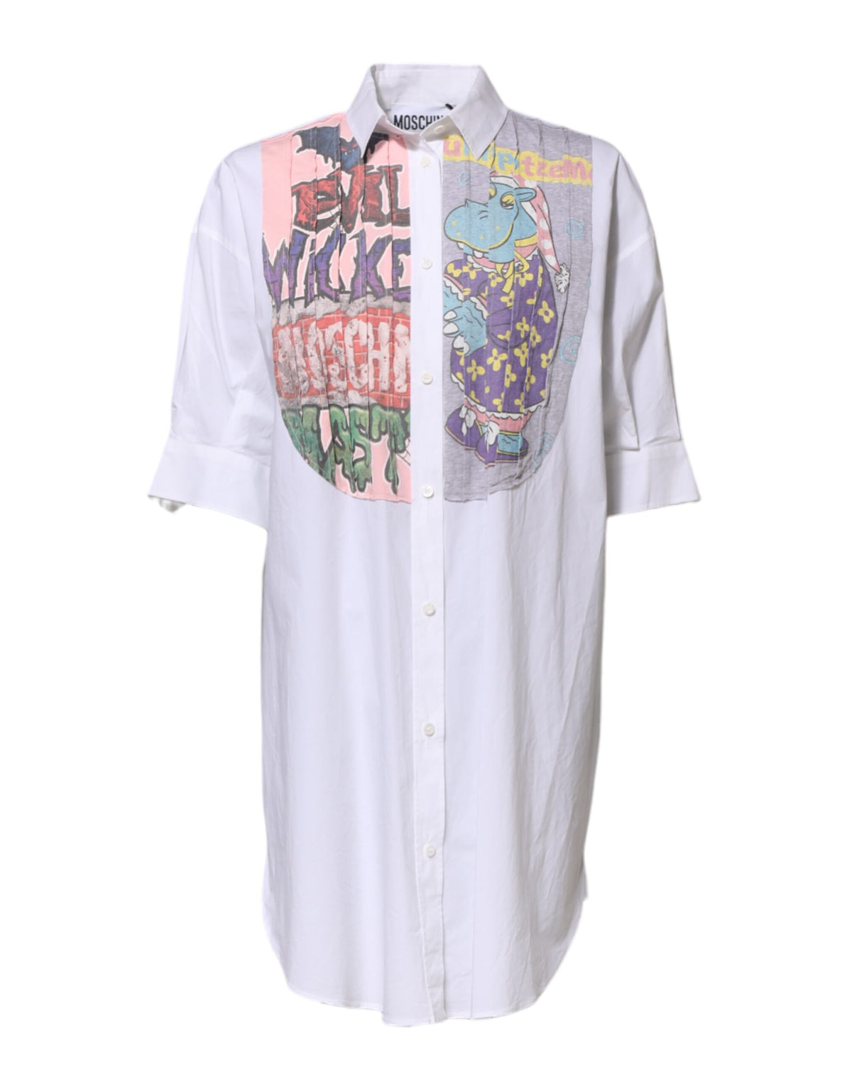 Experience the allure of the Moschino Couture White Printed Collared Button Mini Shirt Dress, a testament to Italian craftsmanship that embodies luxury and sophistication.