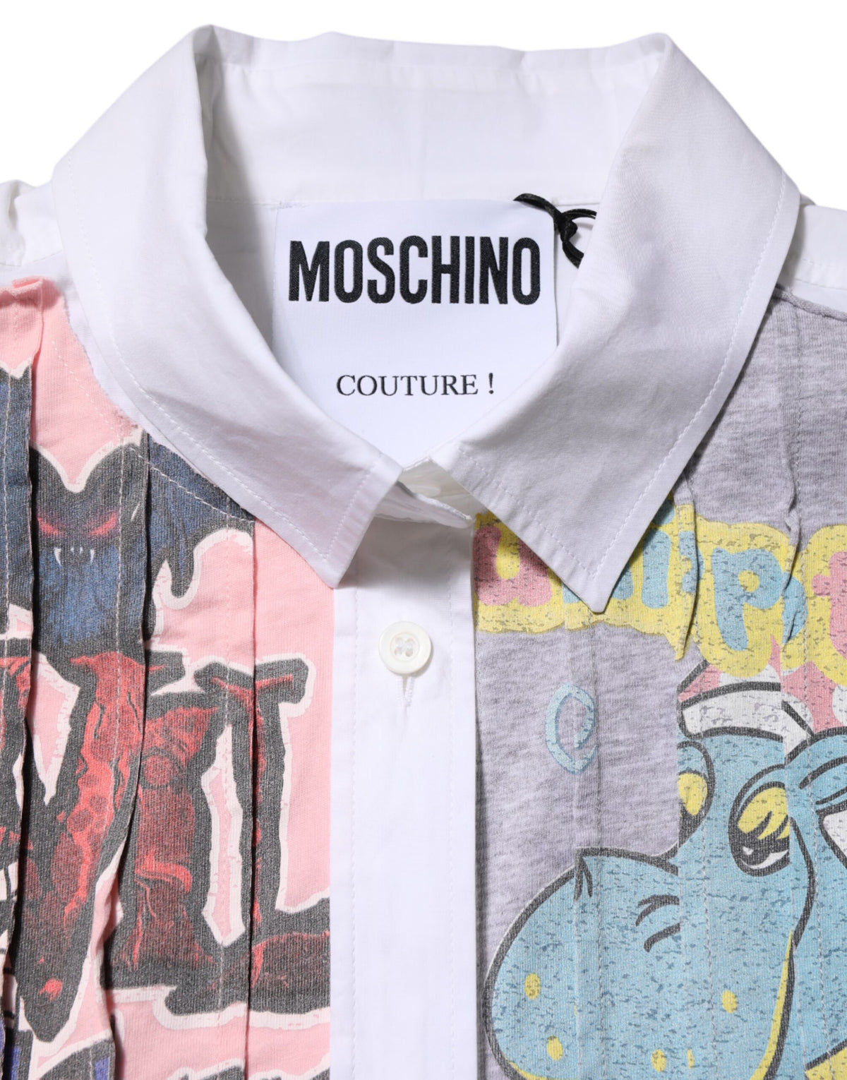 Elevate your wardrobe with the Moschino Couture White Printed Collared Button Mini Shirt Dress, a masterpiece of Italian craftsmanship that embodies luxury and sophistication.