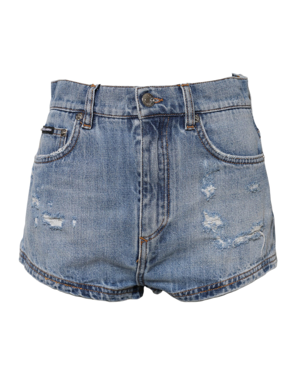 Elevate your style with Dolce & Gabbana's Blue Logo Plaque Denim Cotton Hot Pants, a luxurious blend of Italian craftsmanship and timeless elegance, perfect for the discerning individual.