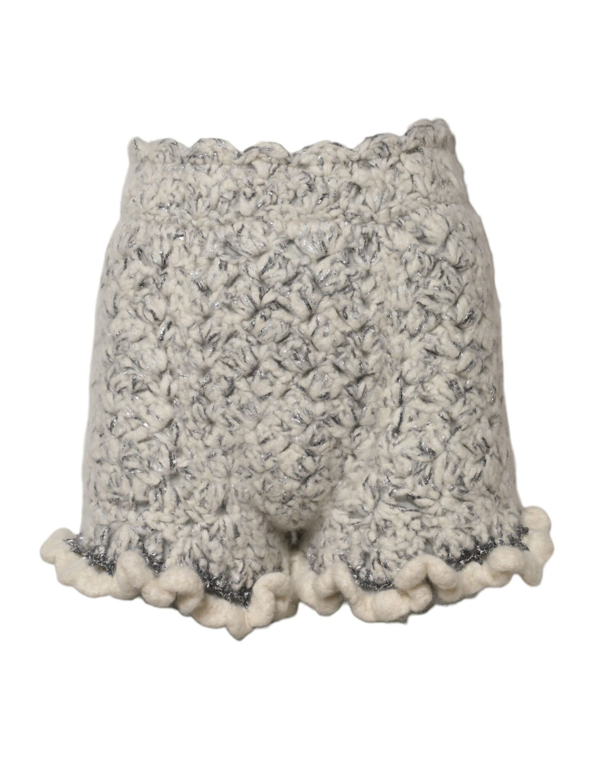 Indulge in the exquisite Dolce & Gabbana Metallic Bouclé Knit Cashmere Ruffled Shorts, where luxurious craftsmanship meets sophisticated allure for the discerning fashion connoisseur.