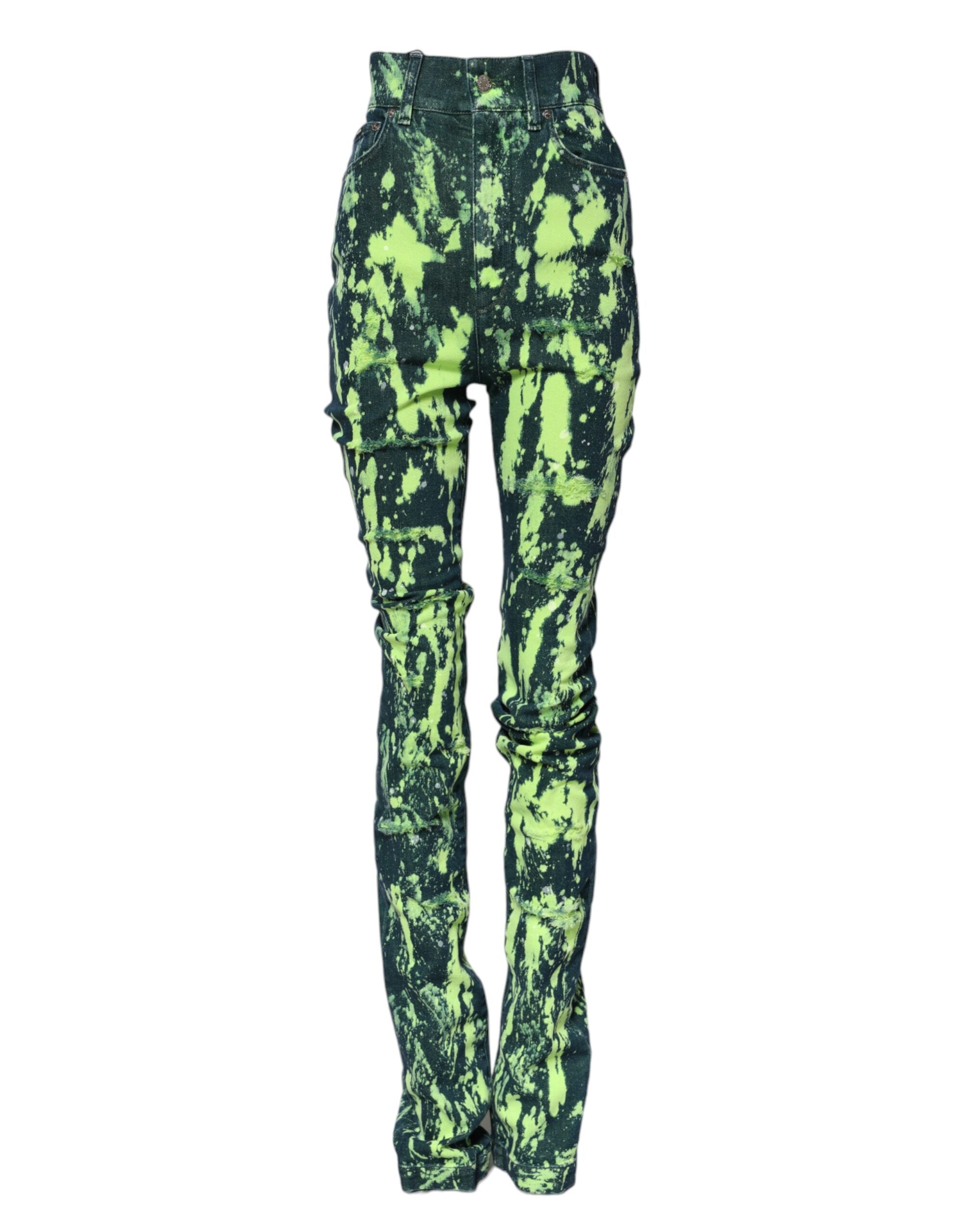 Indulge in the exquisite allure of Dolce & Gabbana's Green Color Splash High Waist Denim Jeans, where luxurious cotton meets bold design for a statement of refined elegance.
