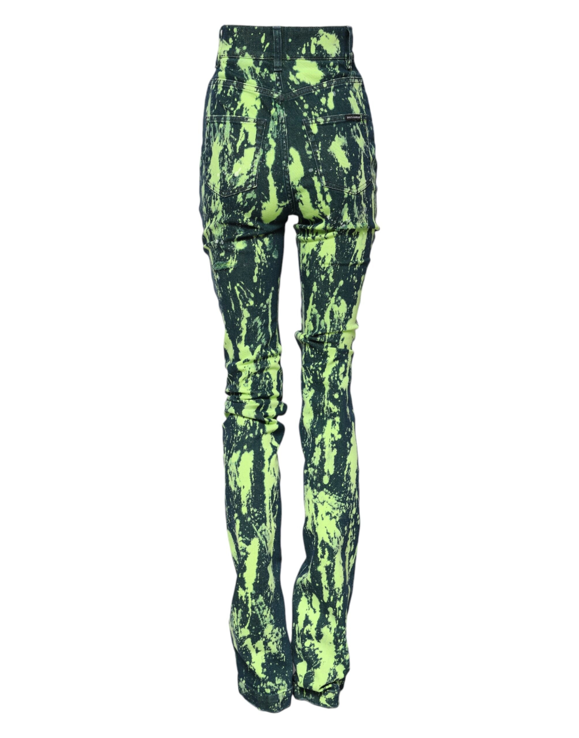 Indulge in the exquisite Dolce & Gabbana Green Color Splash High Waist Denim Jeans, a luxurious blend of 100% cotton craftsmanship that embodies bold elegance and timeless allure.