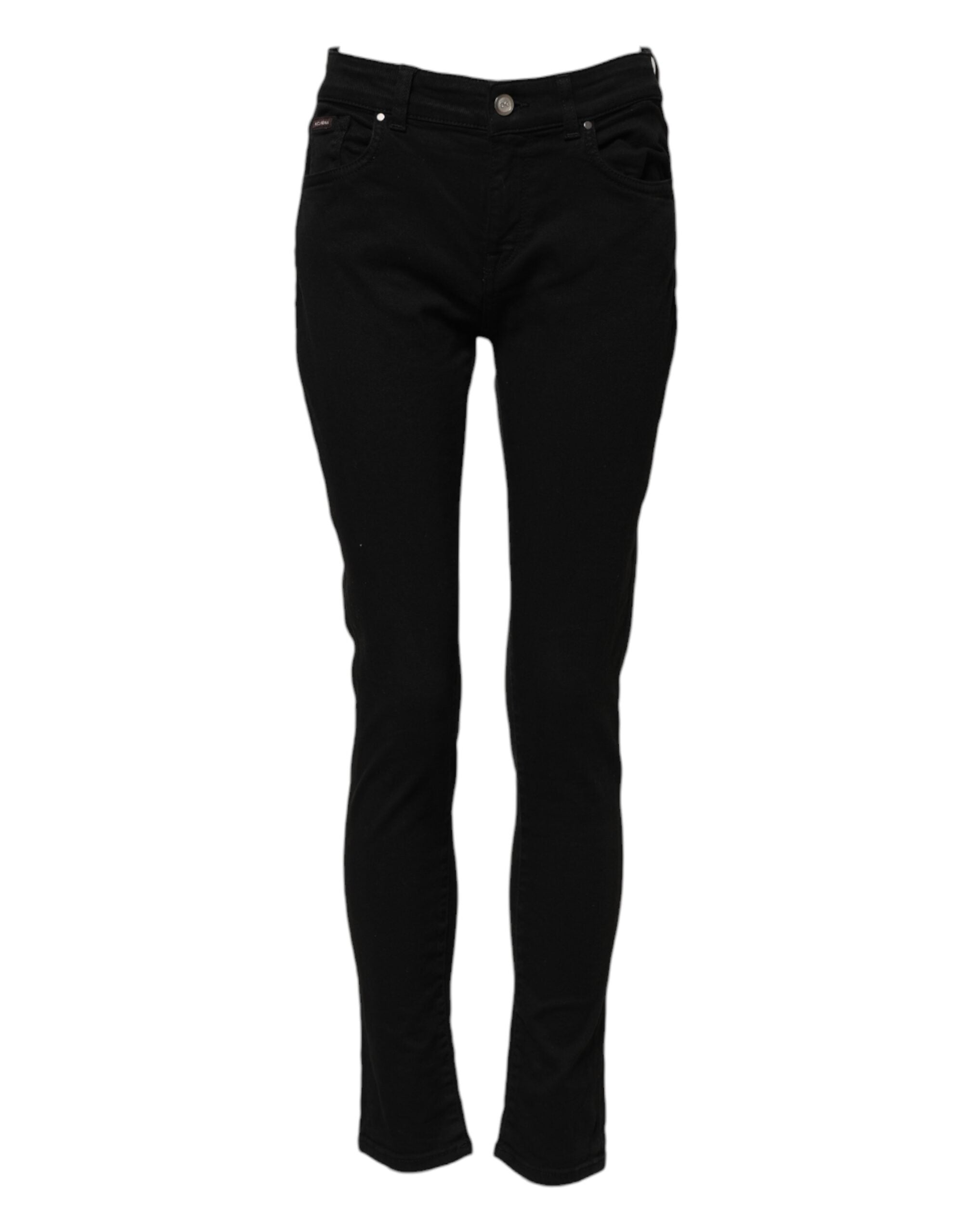 Elevate your wardrobe with Dolce & Gabbana's Black Cotton Logo Skinny Mid Waist Denim Jeans, a testament to Italian craftsmanship and timeless elegance.