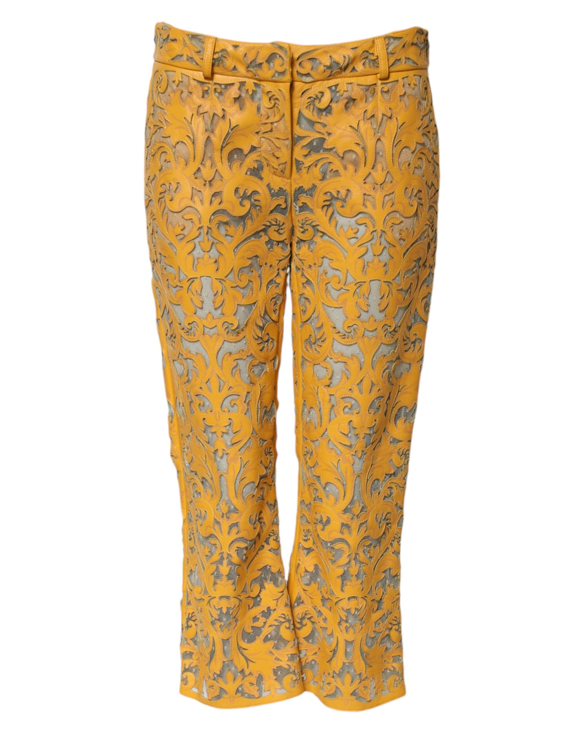 Indulge in the exquisite Dolce & Gabbana Yellow Floral Lace Mid Waist Capri Pants, crafted from premium bull leather, embodying luxury and sophistication for every occasion.