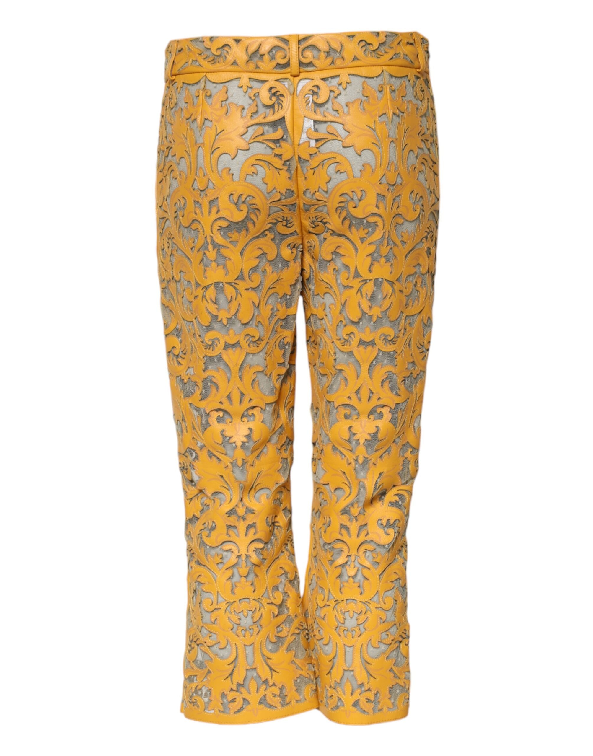 Indulge in the exquisite Dolce & Gabbana Yellow Floral Lace Mid Waist Capri Pants, crafted from premium bull leather, embodying luxury and sophistication for every occasion.