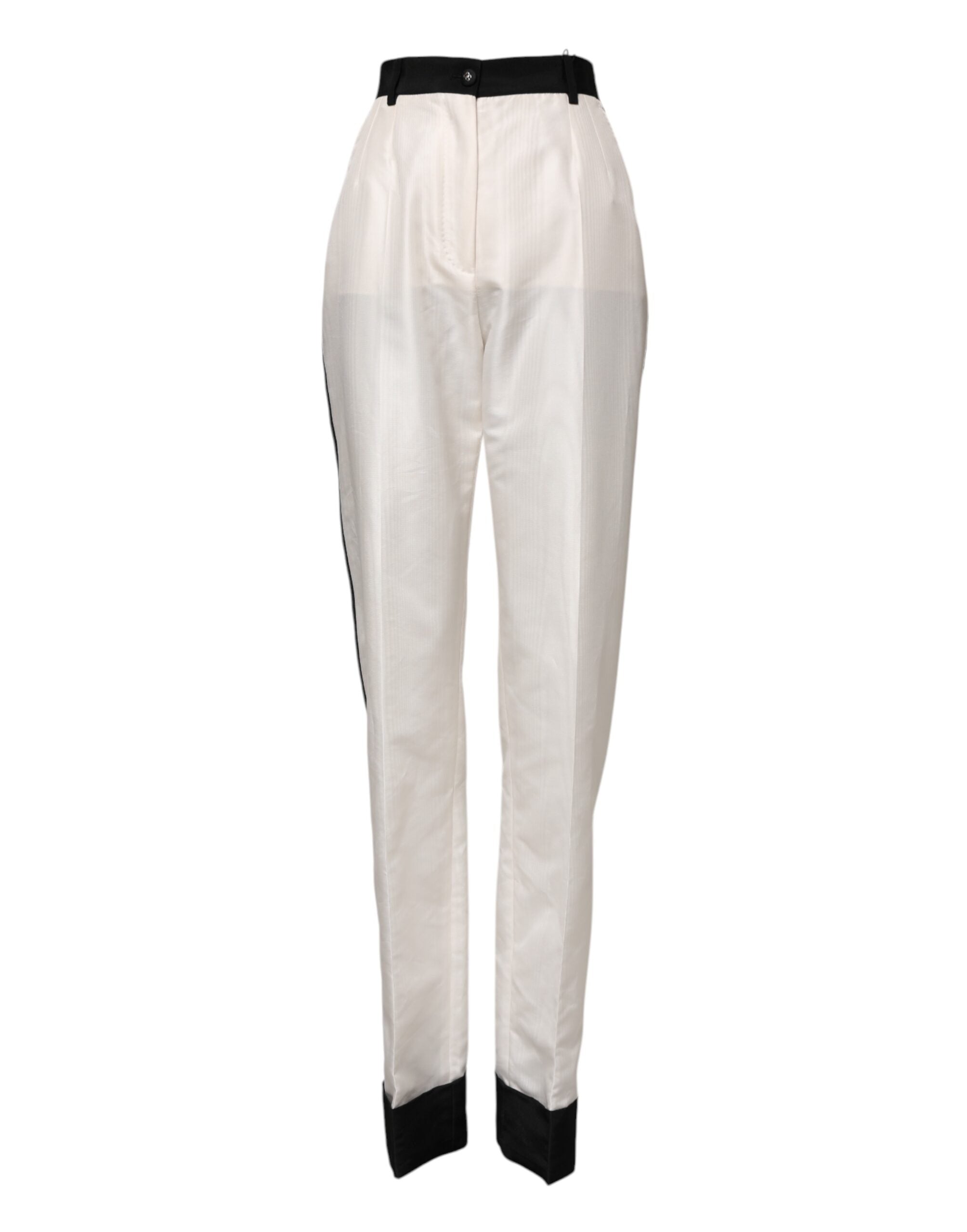 Elevate your wardrobe with Dolce & Gabbana's White High Waist Straight Dress Trouser Pants, a masterpiece of silk and polyester that embodies timeless elegance and sophisticated allure.