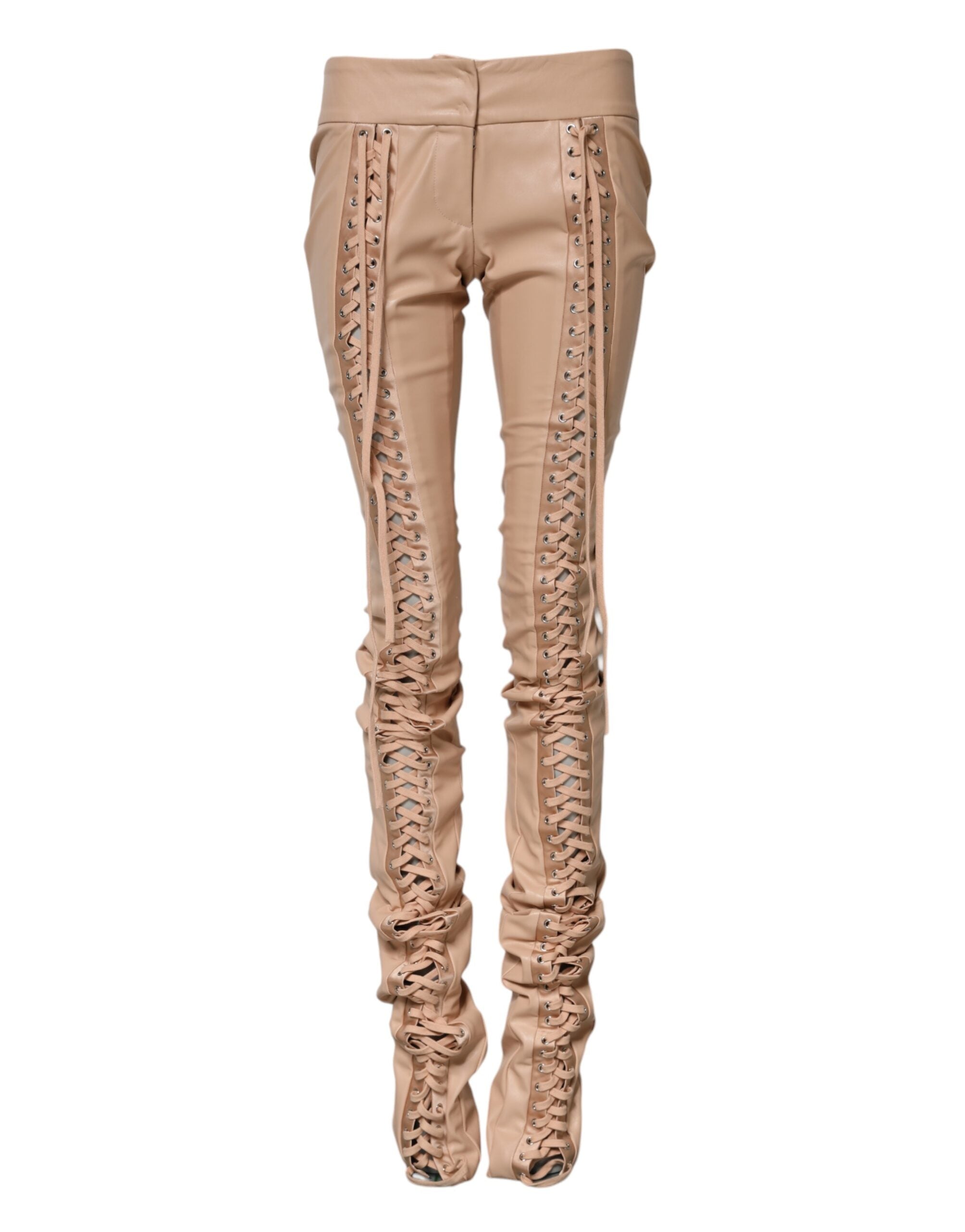 Elevate your wardrobe with Dolce & Gabbana's Beige Lace Details Mid Waist Skinny Pants, crafted in Italy from luxe materials for timeless elegance and unparalleled allure.