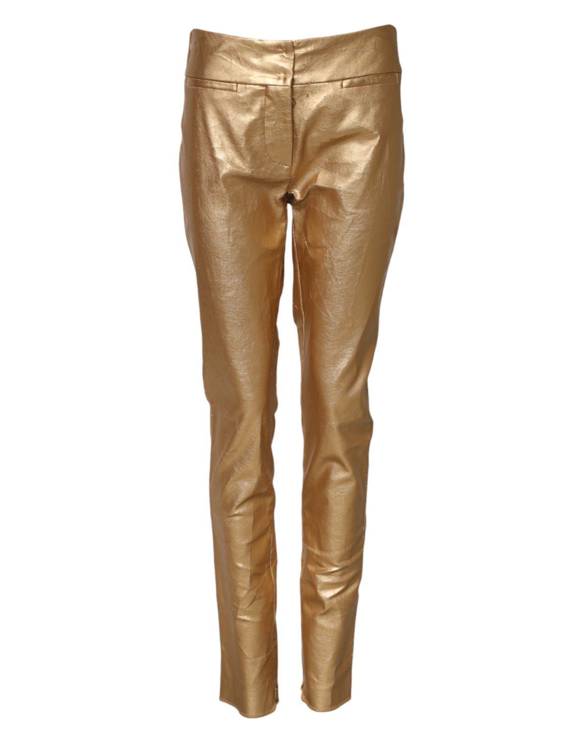 Elevate your wardrobe with Dolce & Gabbana's Metallic Gold High Waist Skinny Trouser Pants, a masterpiece of Italian craftsmanship that embodies timeless luxury and sophistication.