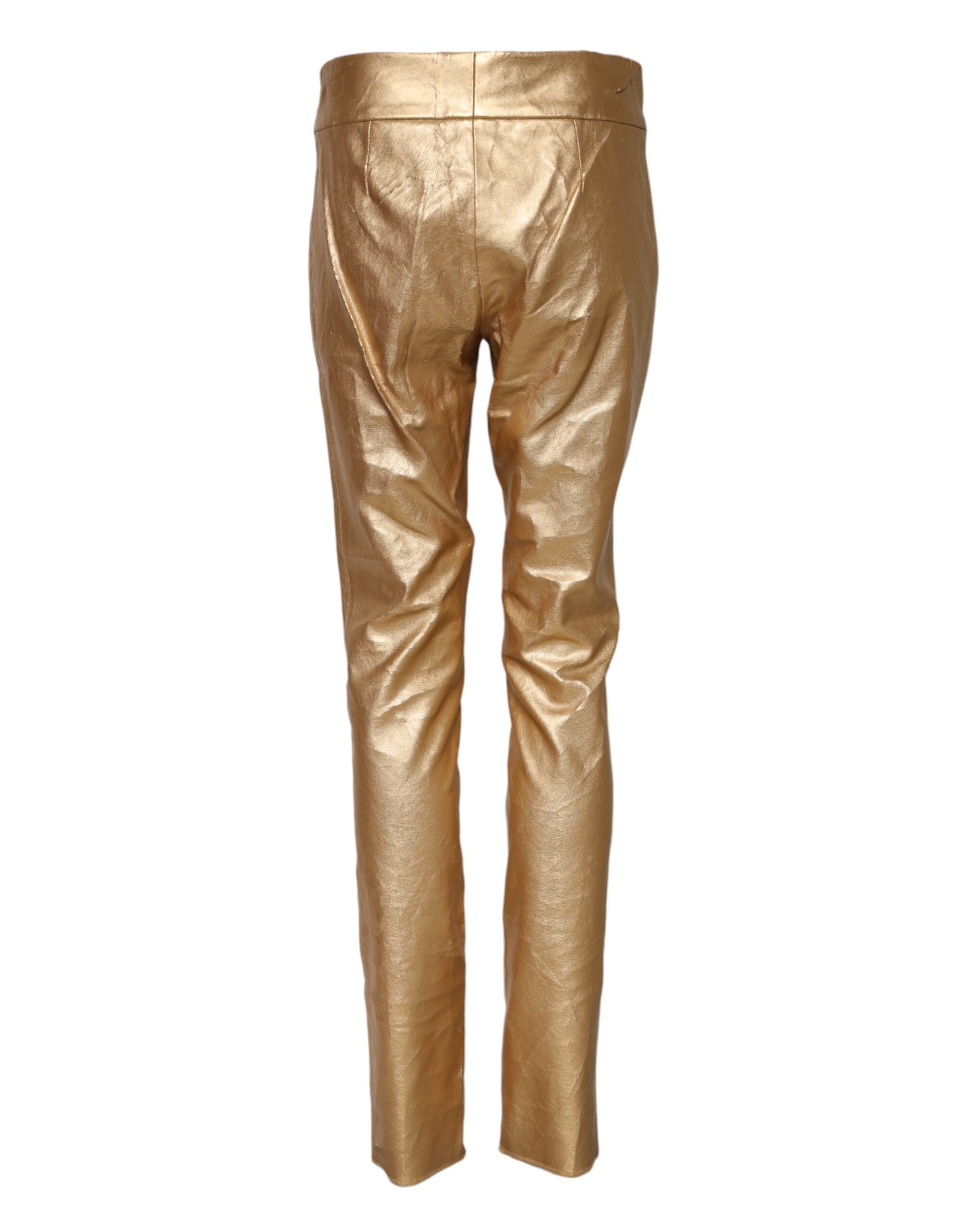Elevate your wardrobe with Dolce & Gabbana's Metallic Gold High Waist Skinny Trouser Pants, a testament to exquisite Italian craftsmanship and timeless elegance.