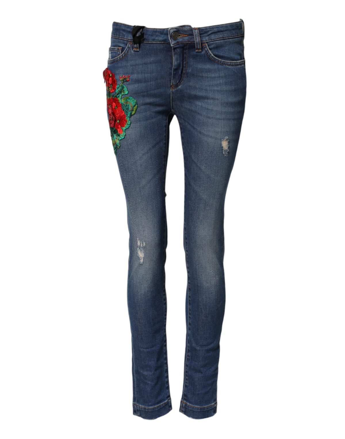 Indulge in the artistry of Dolce & Gabbana's Blue Cotton Mid Waist Skinny Denim Jeans, where exquisite floral embroidery meets Italian craftsmanship for a timeless silhouette.