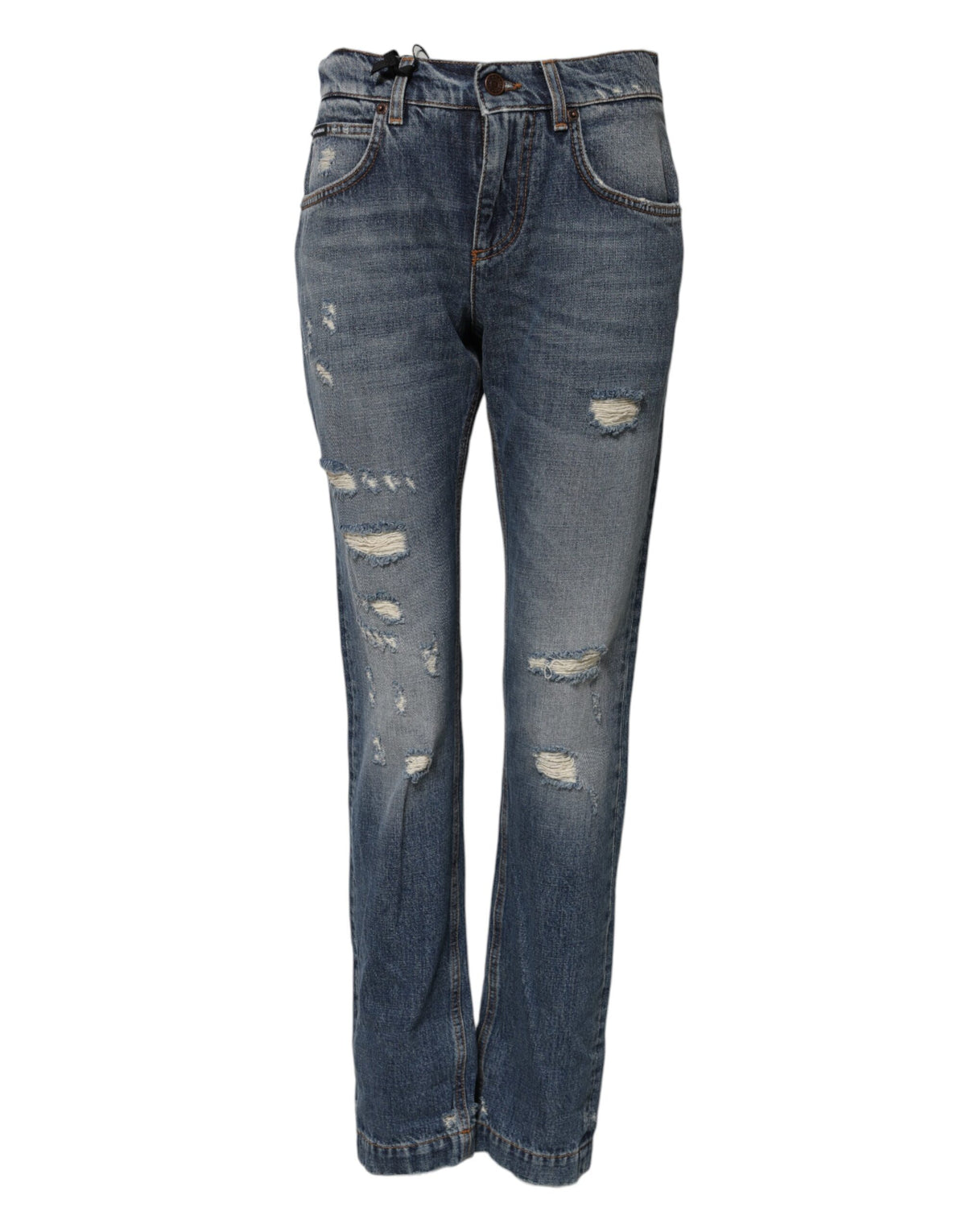 Indulge in the exquisite Dolce & Gabbana Blue Cotton Tattered Mid Waist Denim Jeans, where luxurious craftsmanship meets contemporary elegance, perfect for the discerning individual.