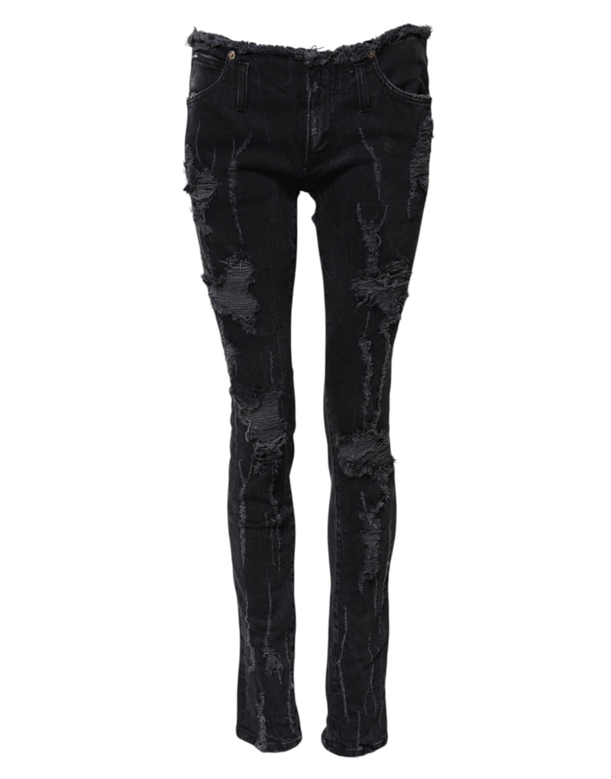 Elevate your wardrobe with Dolce & Gabbana's Black Cotton Tattered Skinny Denim Jeans, a masterpiece of Italian craftsmanship that embodies luxury and allure.