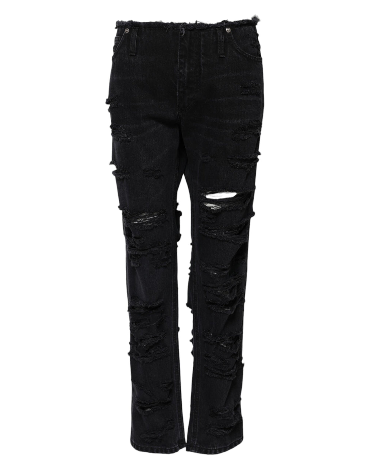 Elevate your style with Dolce & Gabbana's Black Cotton Tattered Mid Waist Denim Jeans, where exquisite Italian craftsmanship meets rebellious elegance for the modern connoisseur.