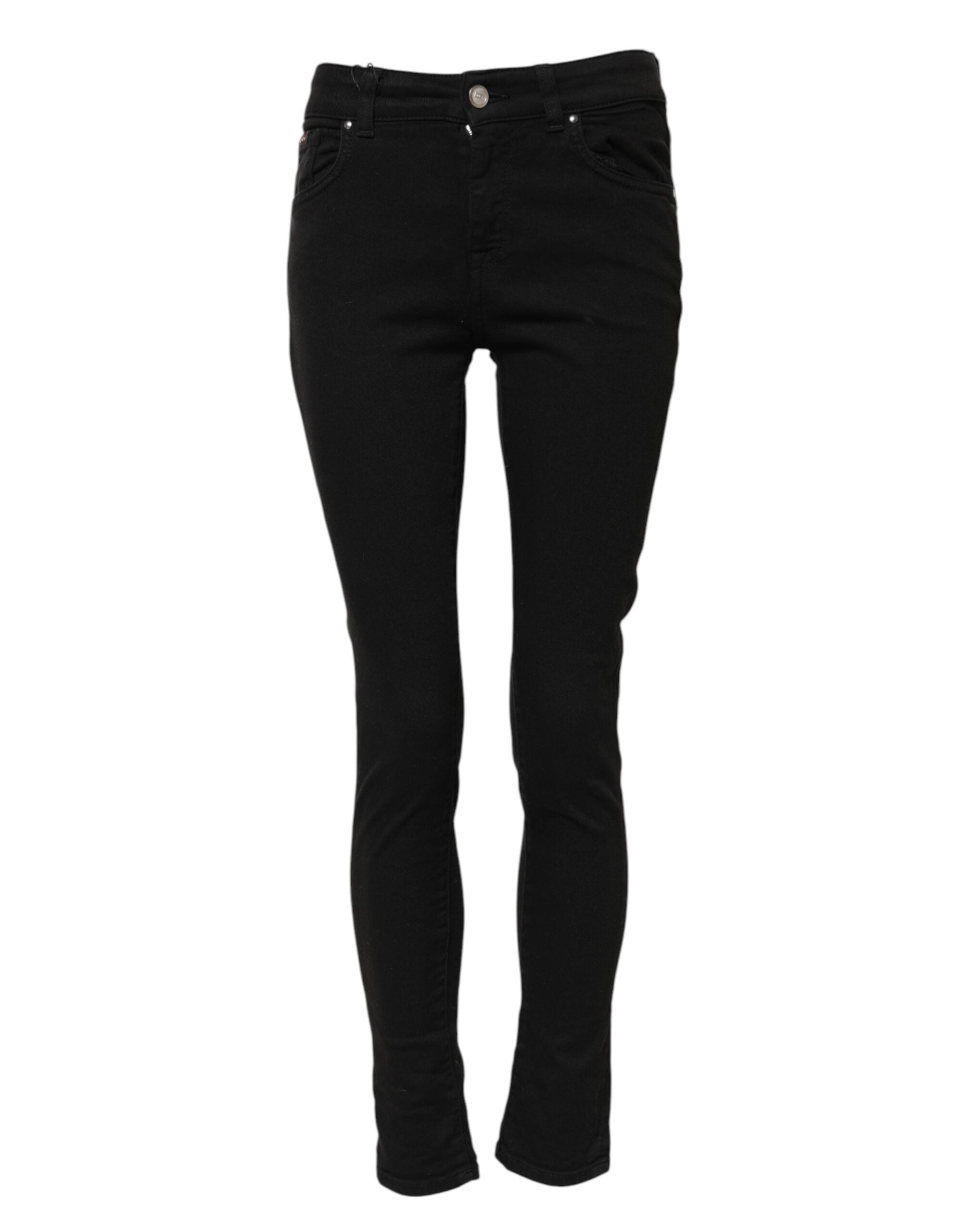 Indulge in the exquisite Dolce & Gabbana Black Cotton Skinny Mid Waist Denim Jeans, where luxurious craftsmanship meets timeless elegance, perfect for the discerning individual.